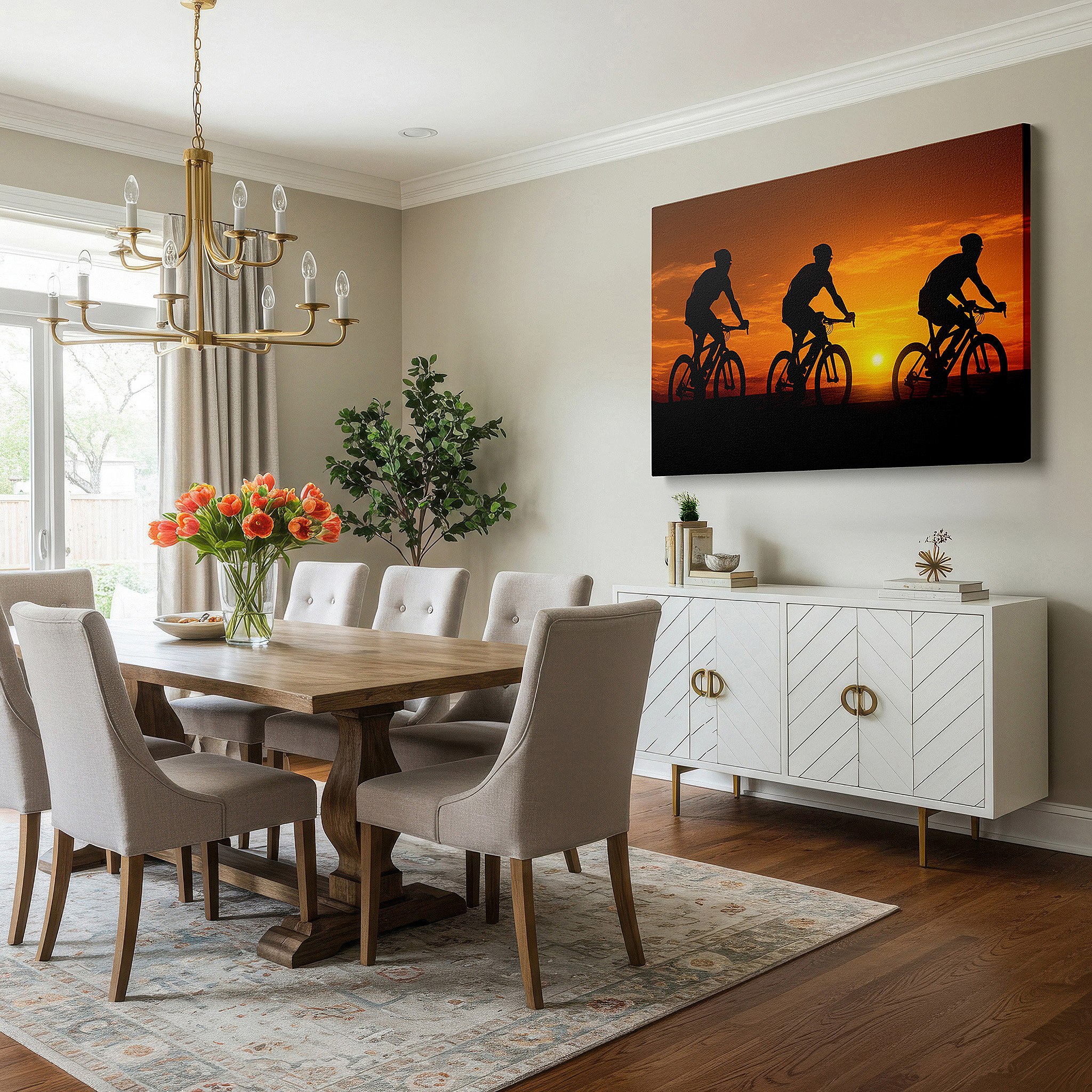 Featured in a dining room with dark wood furniture and candlelight — cyclists at sunset: essence of movement and freedom - large canvas wall art for home and office decor