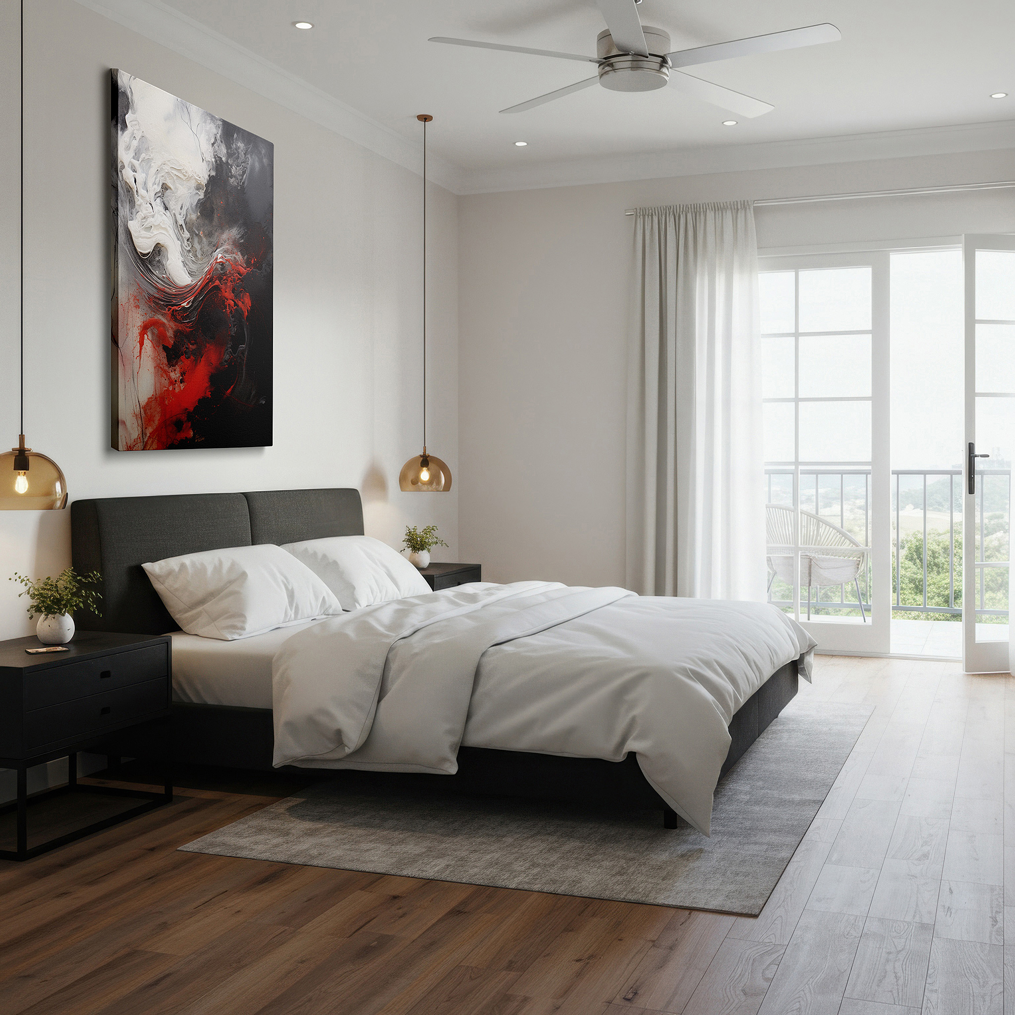 Featured in a dining room with dark wood furniture and candlelight — dynamic abstract forms in black and red: a visual symphony evoking emotion - large canvas wall art for office decor