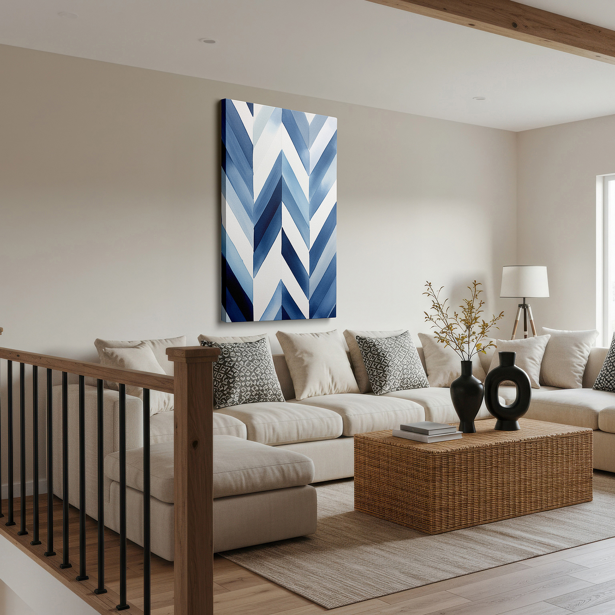Featured in a dining room with dark wood furniture and candlelight — dynamic blue chevron patterns, contemporary abstract large wall art, canvas wall decor for office and bedroom