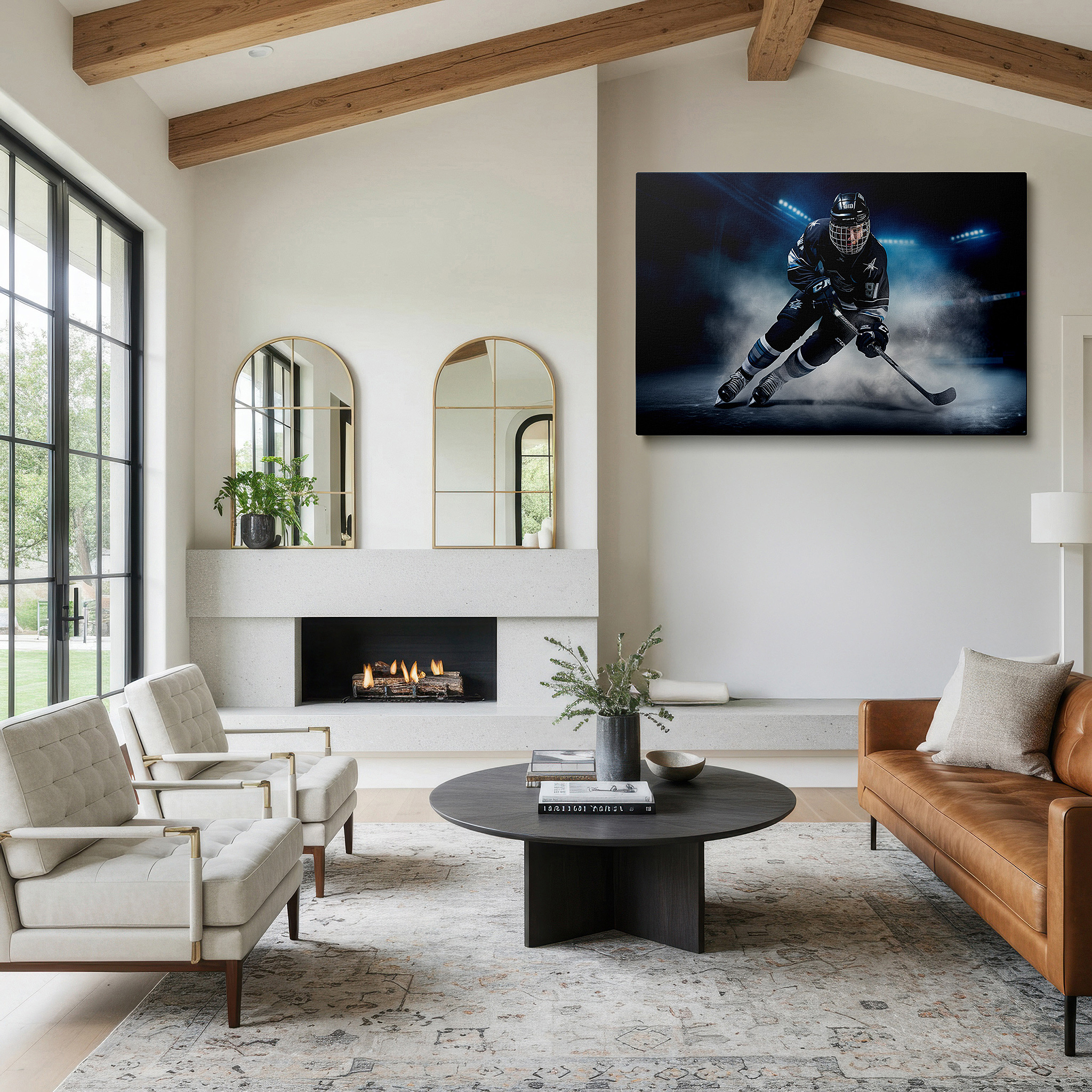 Featured in a dining room with dark wood furniture and candlelight — dynamic ice hockey action large canvas wall art for office, bedroom, and living room decor