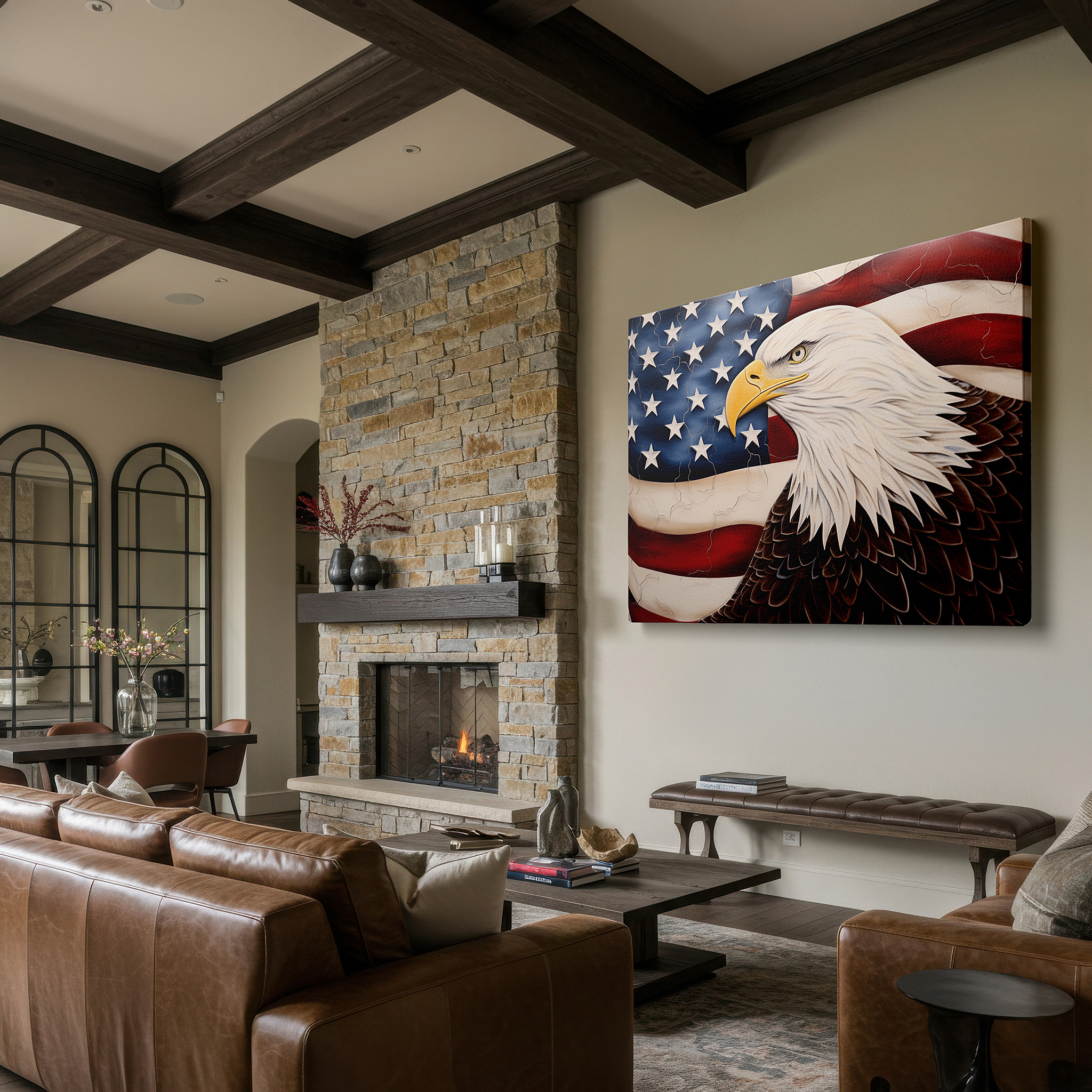 Featured in a dining room with dark wood furniture and candlelight — eagle and american flag wall art - symbolizing strength, freedom, and unity, ideal for office decor, large canvas