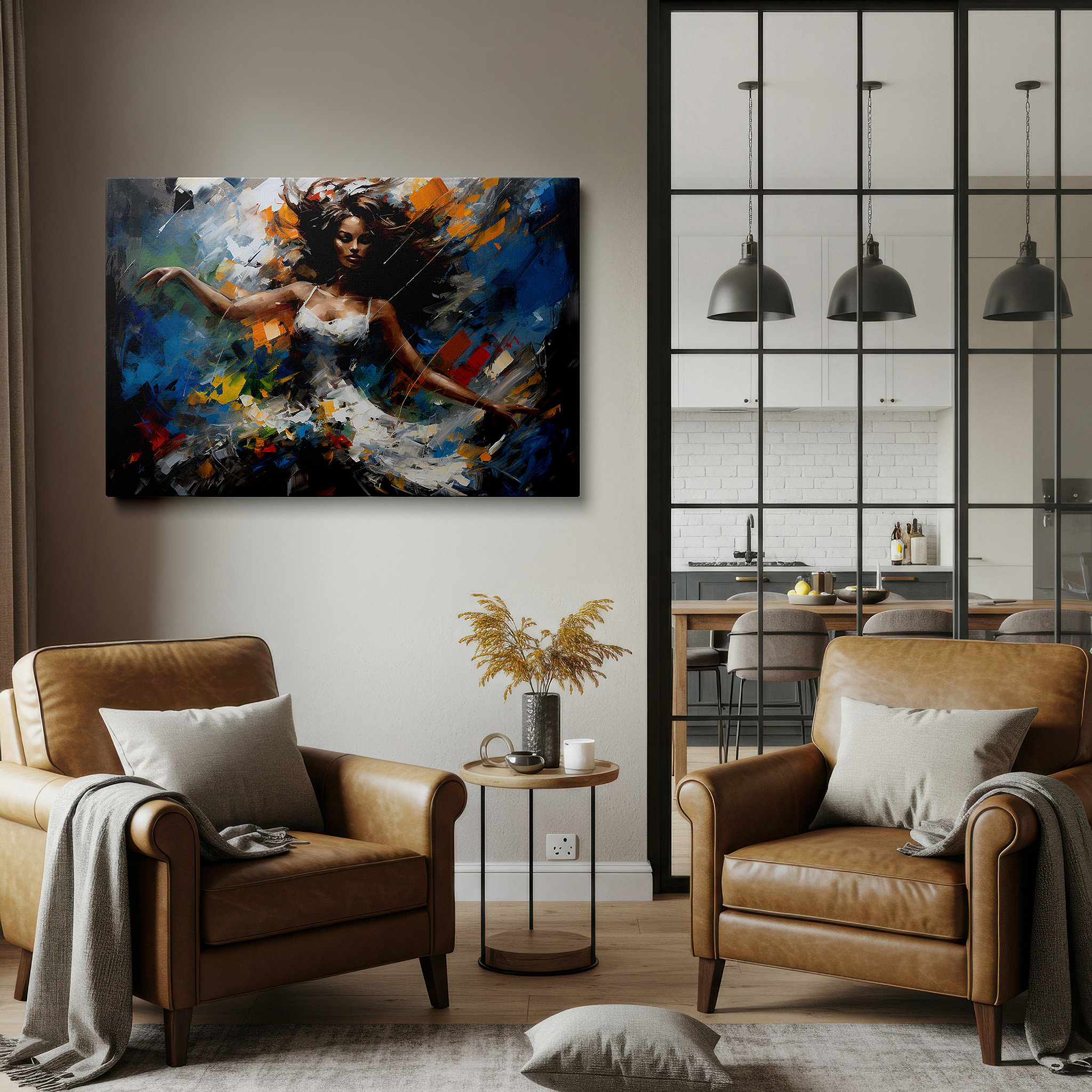 Featured in a dining room with dark wood furniture and candlelight — elegant dancer in motion: a vibrant tribute to artistic liberty and emotional expression - large wall art, canvas wall art, wall decor for office
