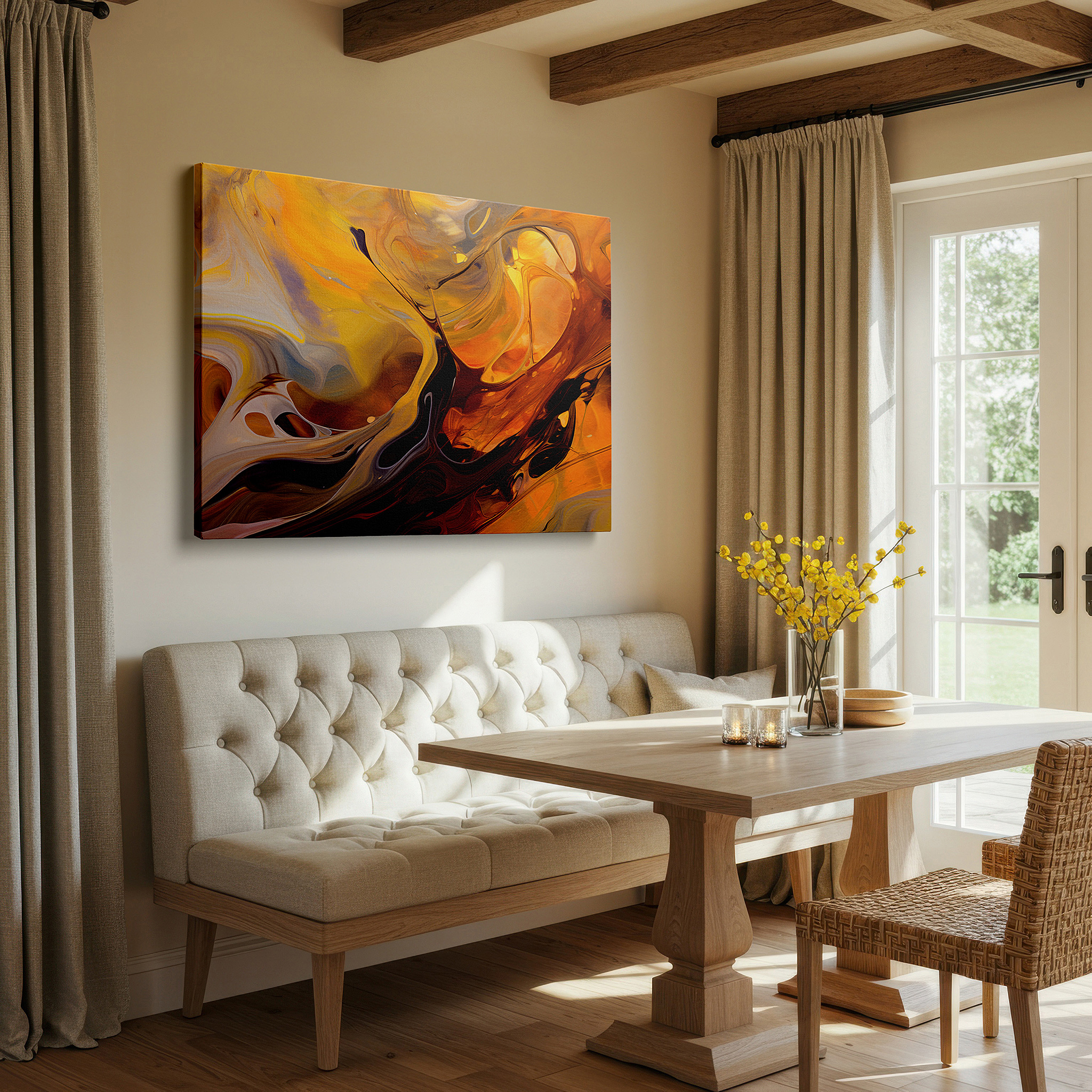 Featured in a dining room with dark wood furniture and candlelight — elegant gold and brown swirls create a cozy, textured visual experience large wall art, canvas wall art, wall decor, office wall art, bedroom wall art