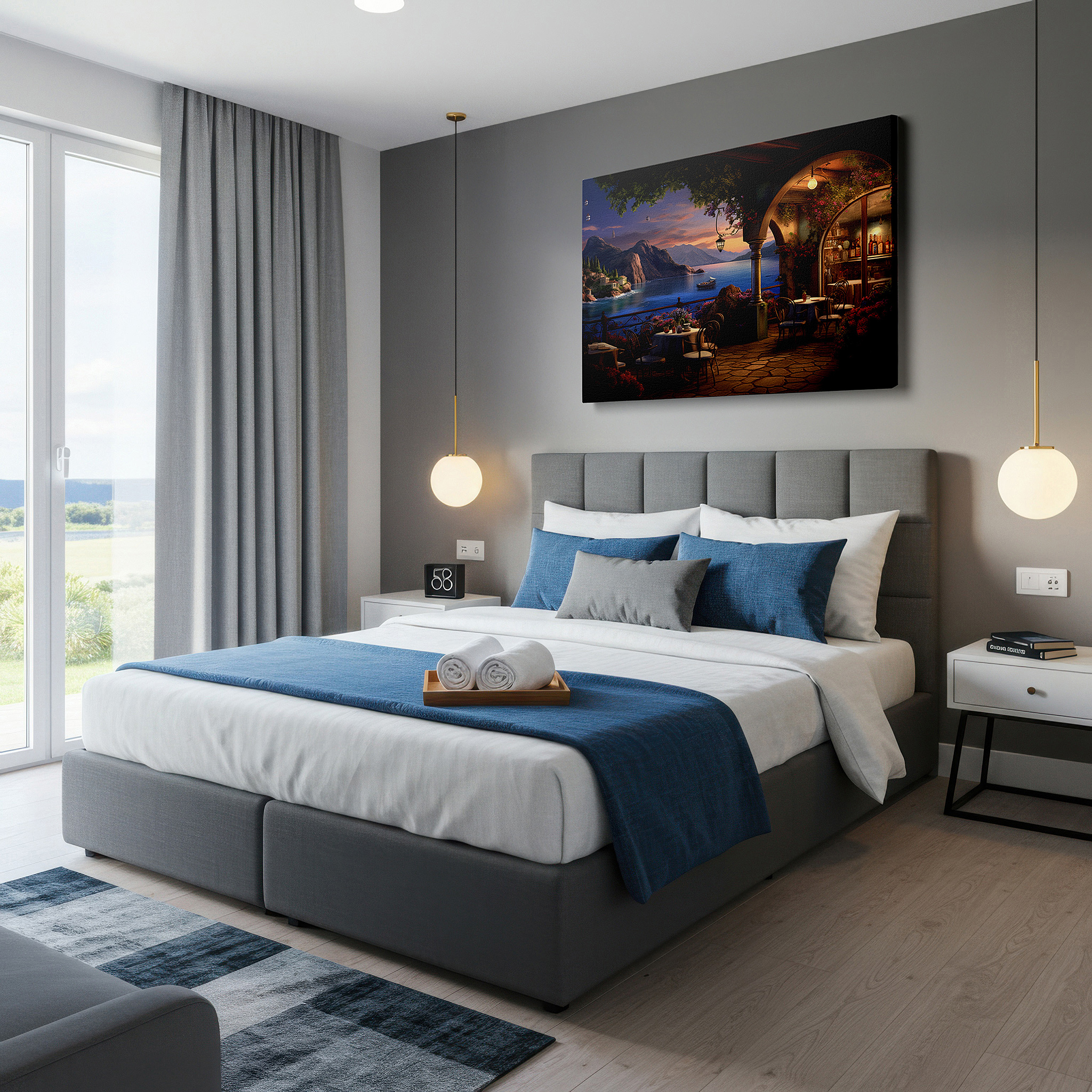 Featured in a dining room with dark wood furniture and candlelight — elegant seaside dining at sunset: tranquil coastal canvas - large wall art for office, bedroom, and living room decor
