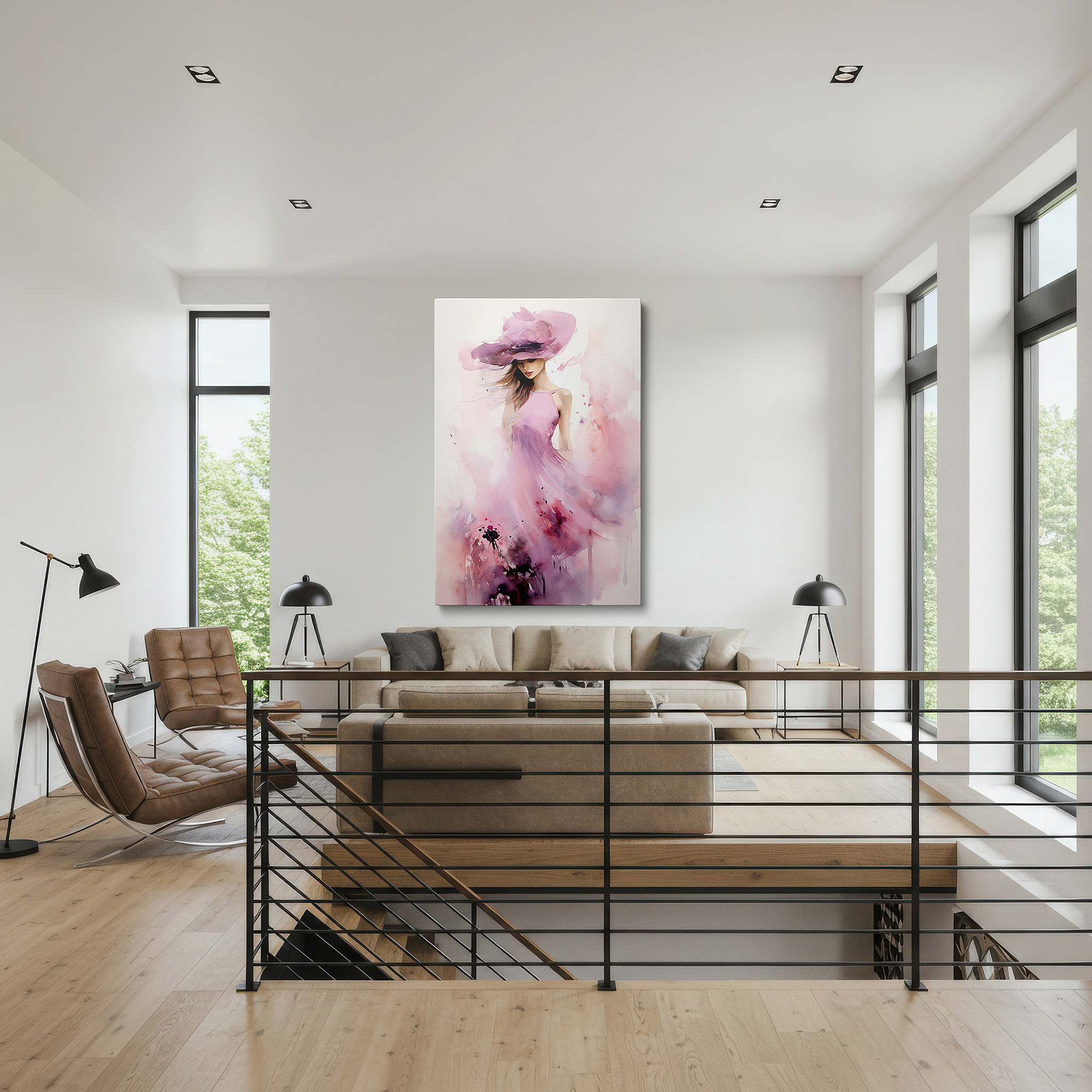 Featured in a dining room with dark wood furniture and candlelight — elegant serenity in pink: serene woman with wide-brimmed hat - large canvas wall art for office and bedroom decor