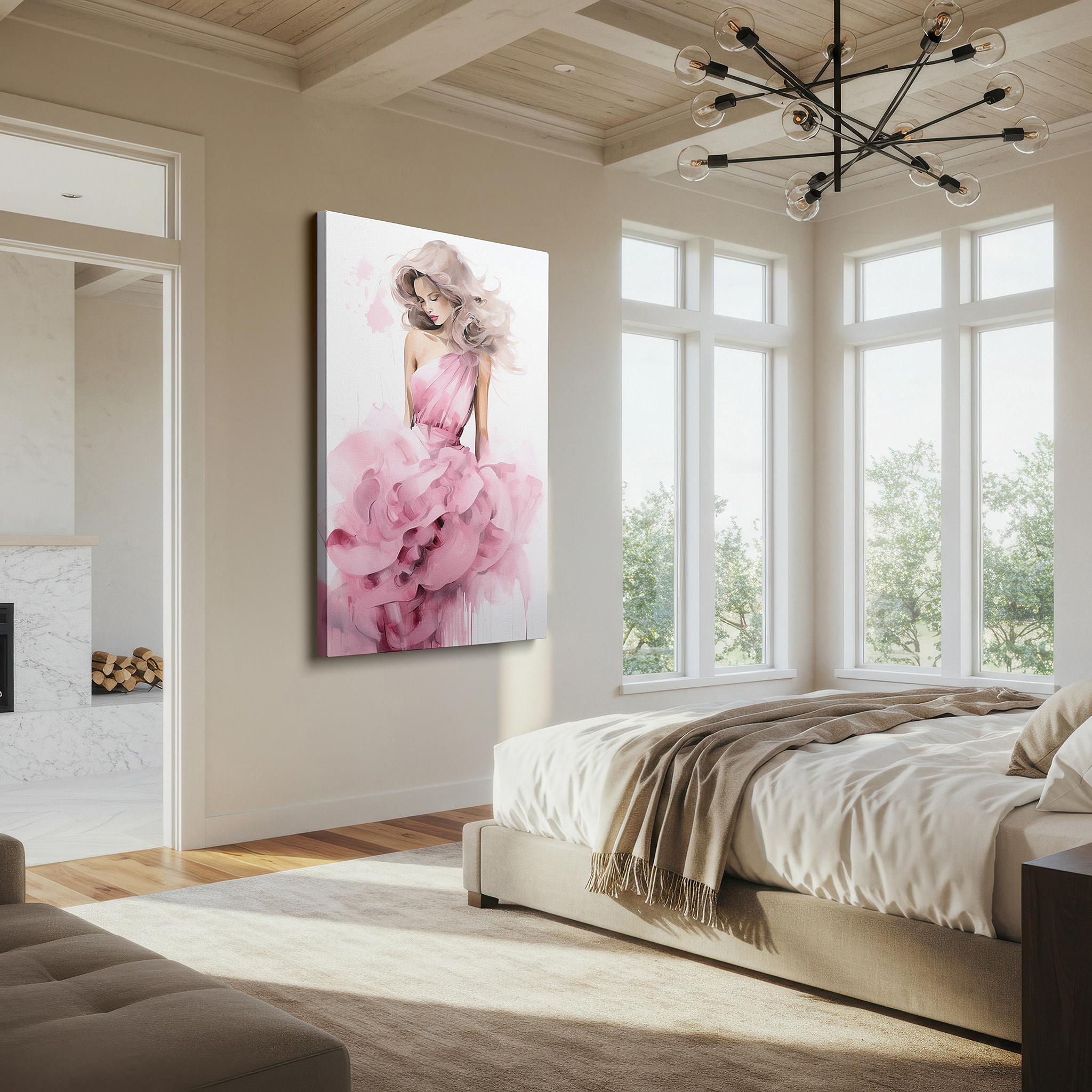 Featured in a dining room with dark wood furniture and candlelight — enchanting muse in pink: celebrating femininity and modern fashion with abstract expressionist large canvas wall art decor