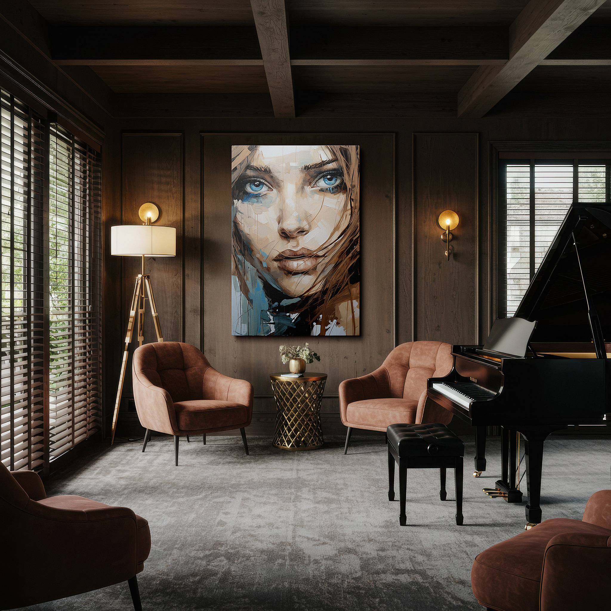 Featured in a dining room with dark wood furniture and candlelight — enchanting woman's portrait with rich emotions and textured brushstrokes, large canvas wall art for home and office decor