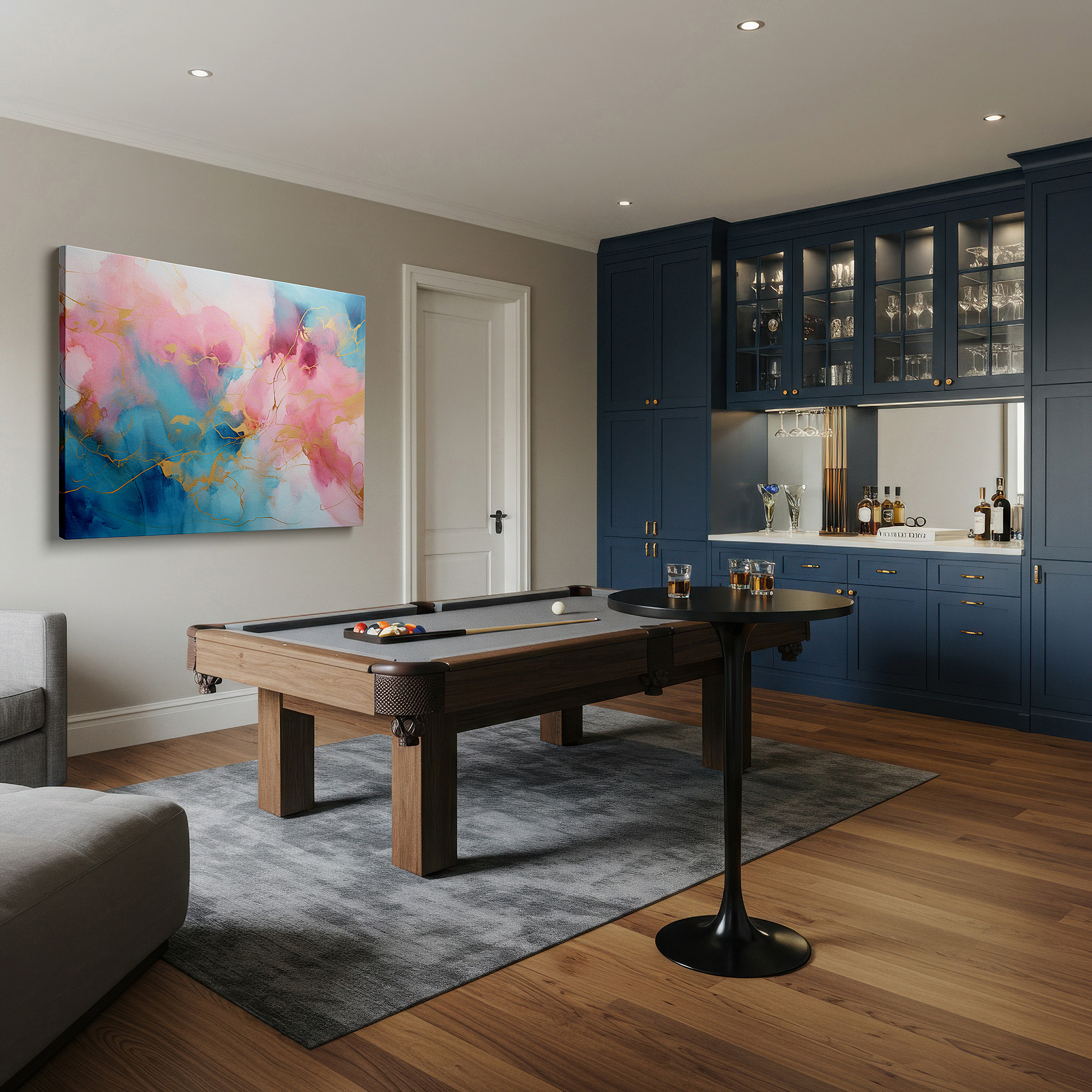 Featured in a dining room with dark wood furniture and candlelight — ethereal canvas wall art featuring dreamlike pinks, blues, and gold lines for office, bedroom, and living room decor