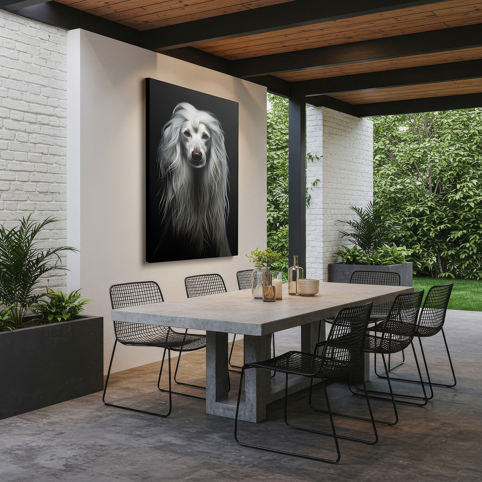Featured in a dining room with dark wood furniture and candlelight — ethereal majesty: dreamy long-haired dog large wall art for office, bedroom, and living room decor