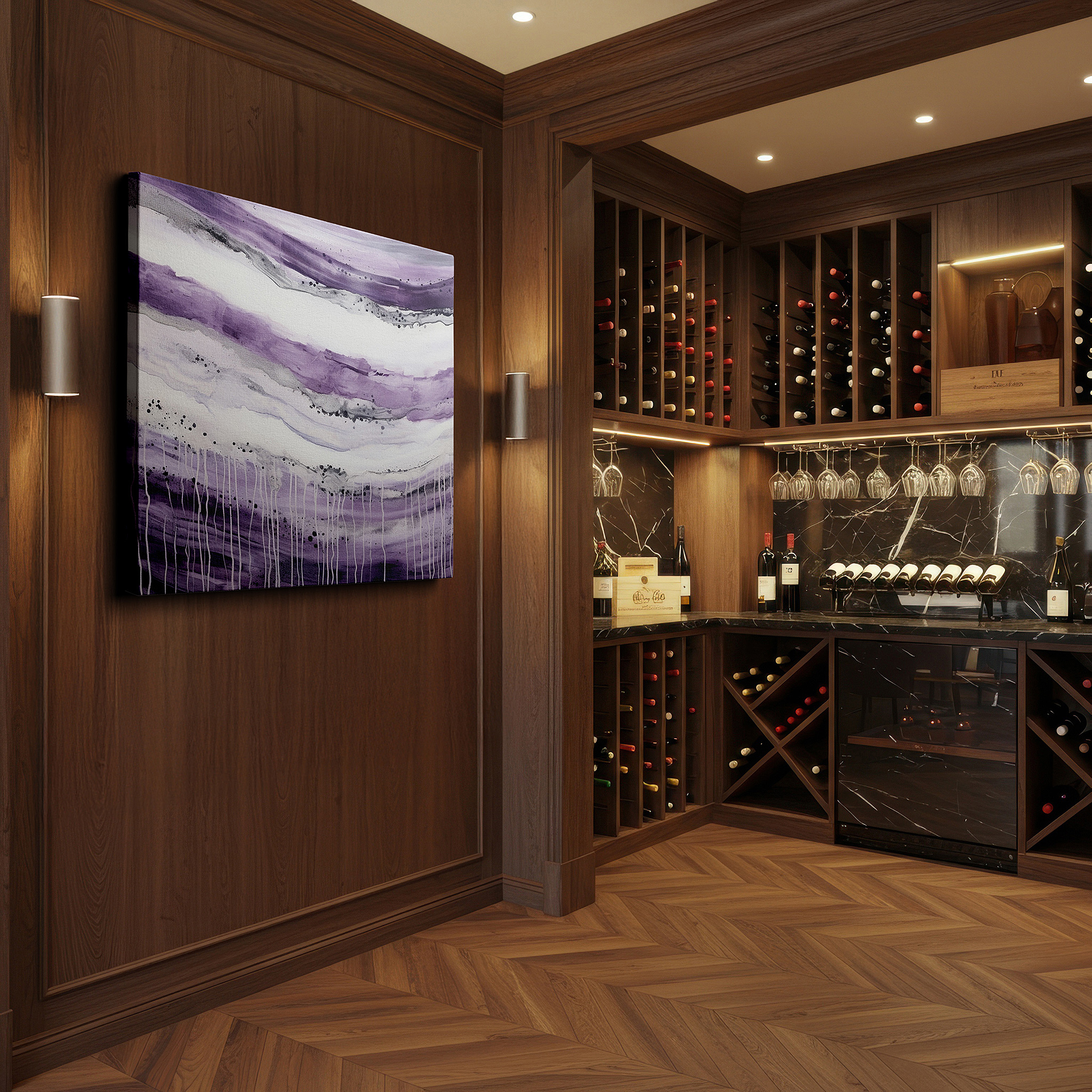 Featured in a dining room with dark wood furniture and candlelight — explore a visual adventure in purple shades and vibrant textures: large wall art, canvas wall art, wall decor for offices, bedrooms, and living rooms