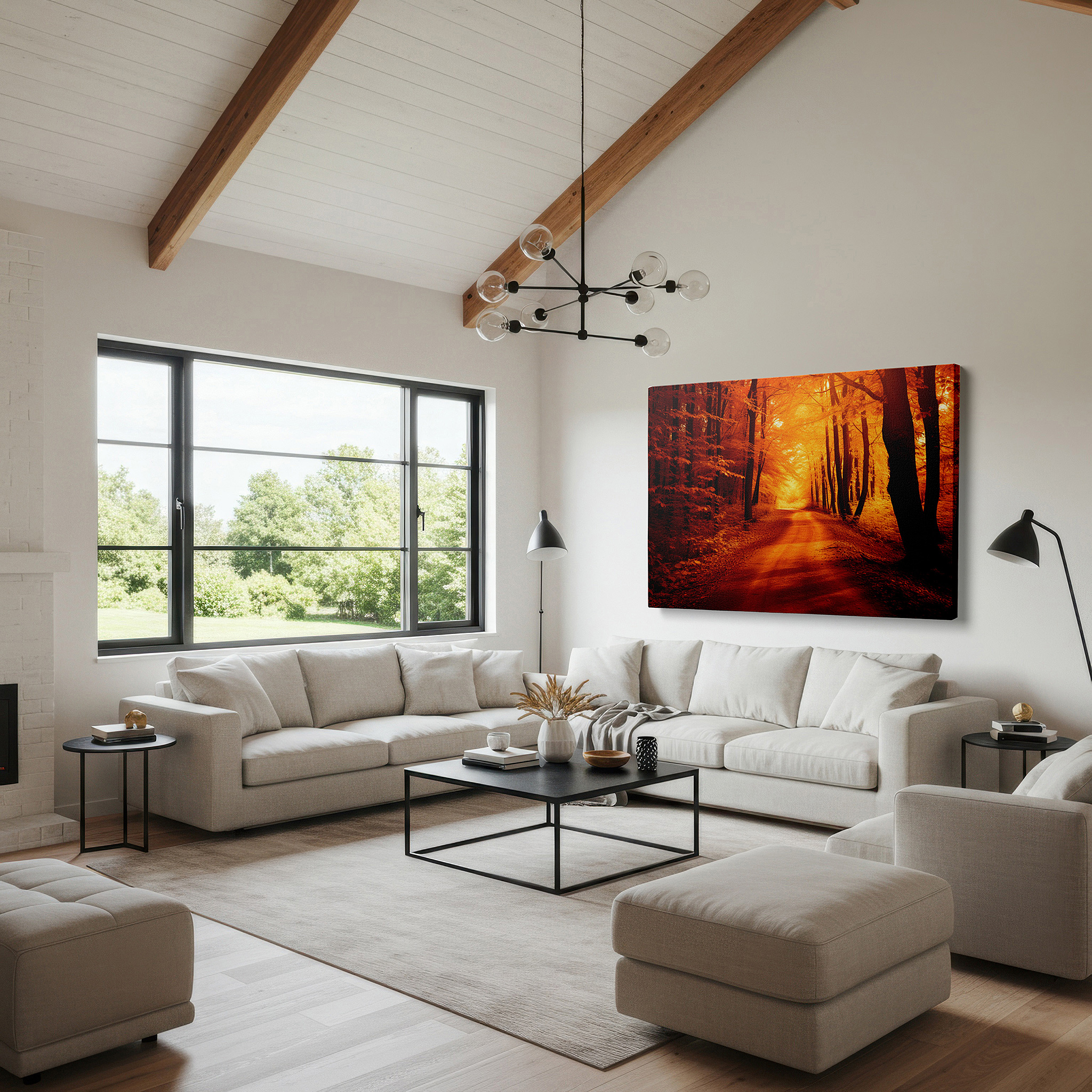 Featured in a dining room with dark wood furniture and candlelight — fiery autumnal pathway canvas print: serene wall art for office or bedroom decor