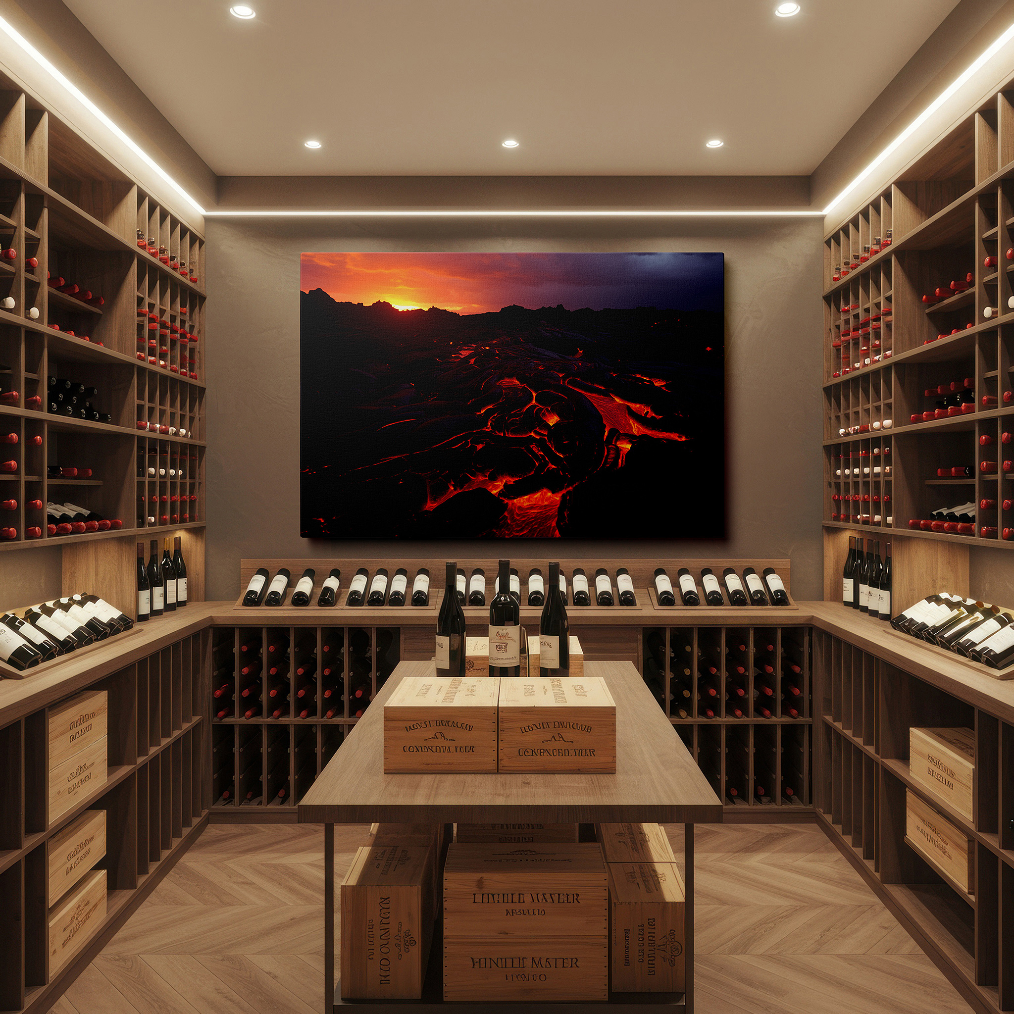 Featured in a dining room with dark wood furniture and candlelight — fiery skies and molten earth - a striking exhibition of nature's irresistible power and splendor large wall art, canvas wall art, wall decor, office art