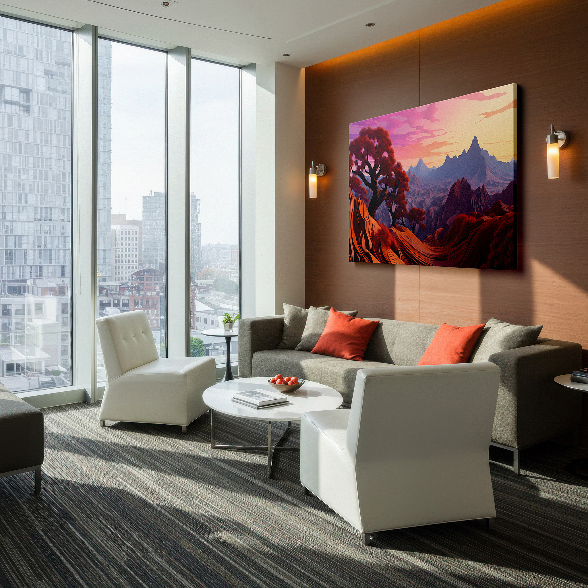 Featured in a dining room with dark wood furniture and candlelight — fiery sunset and tranquil sky over majestic mountains large canvas wall art for office and bedroom decor