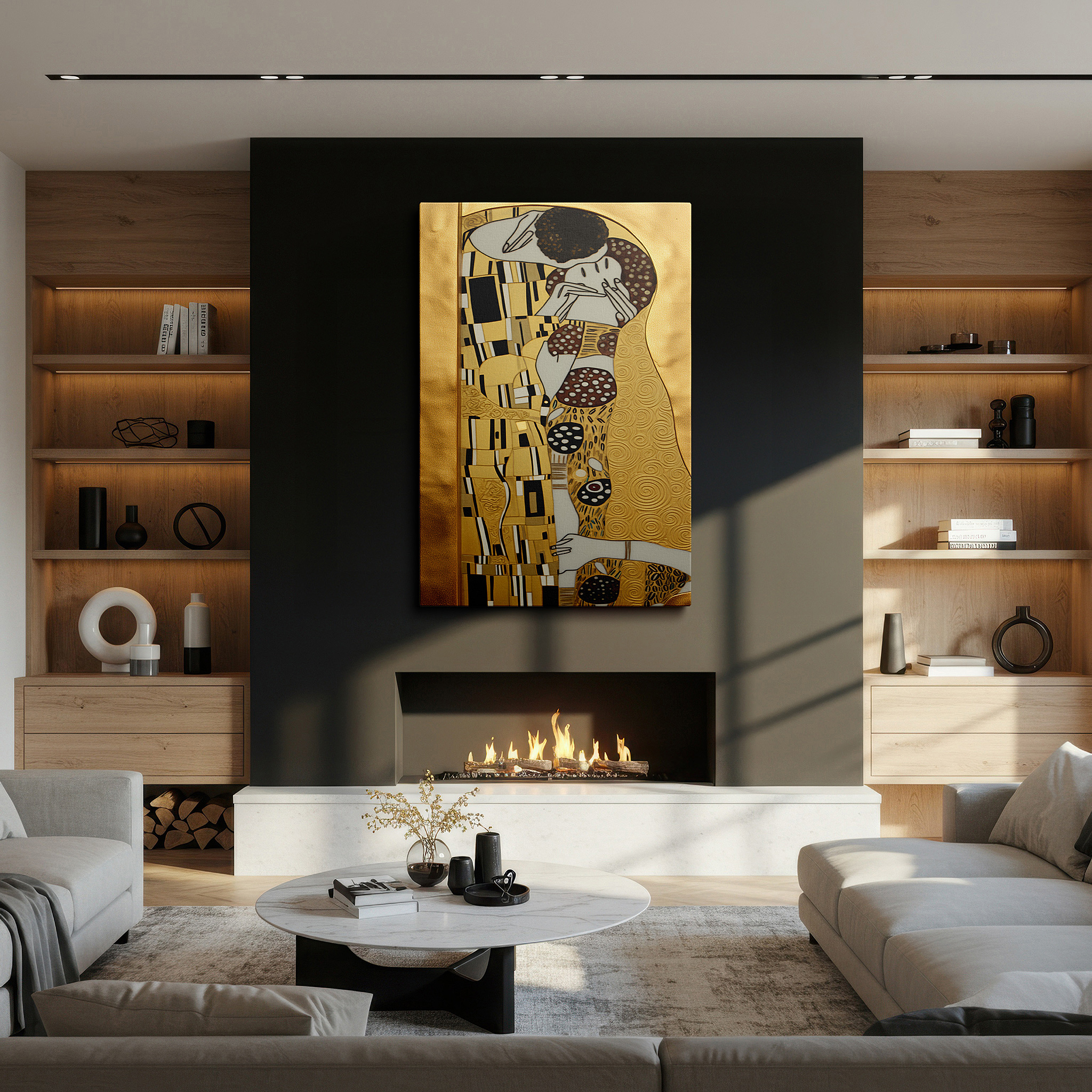 Featured in a dining room with dark wood furniture and candlelight — golden embrace of passion and unity large wall art in warm hues, canvas wall art for office, bedroom, and living room decor