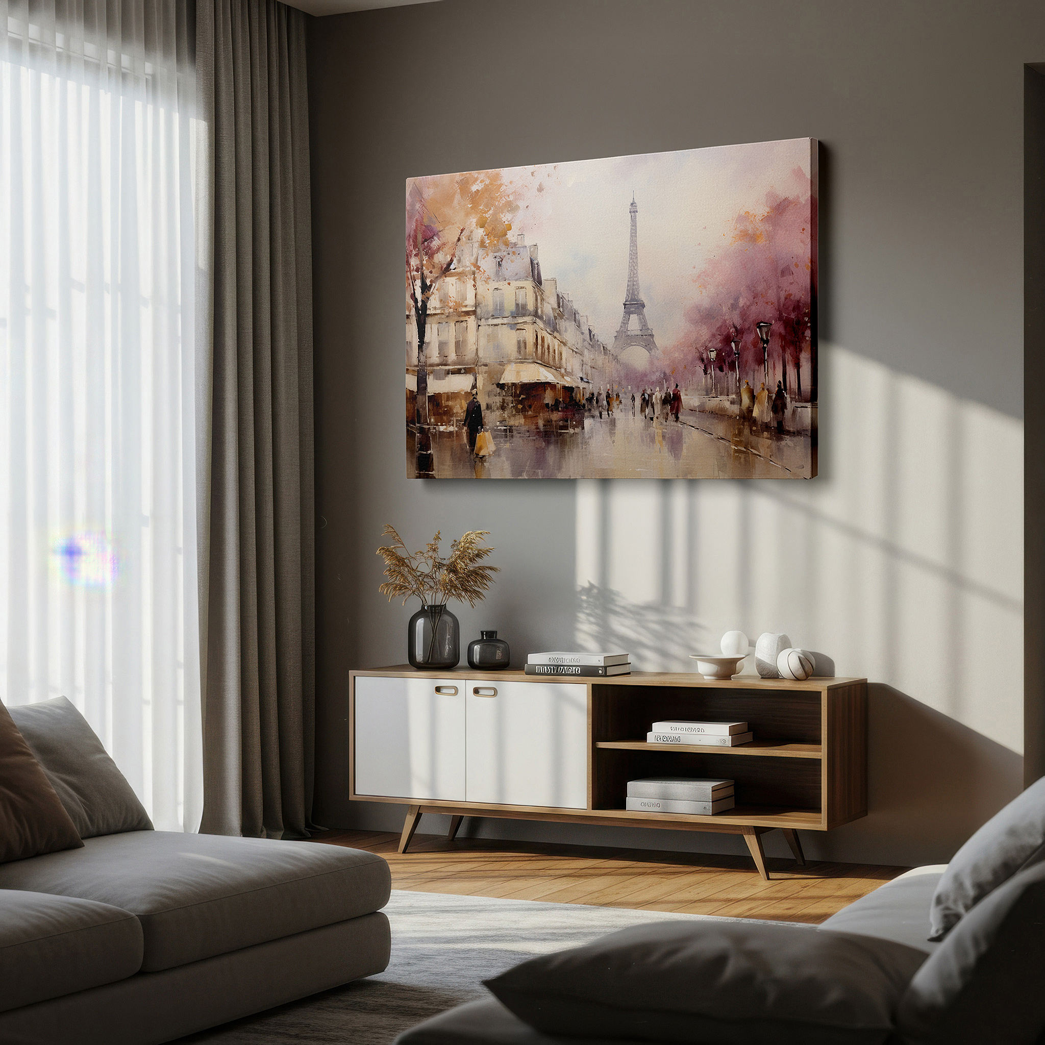 Featured in a dining room with dark wood furniture and candlelight — impressionist dream of paris in spring: eiffel tower and blossoming trees large canvas wall art for home and office decor