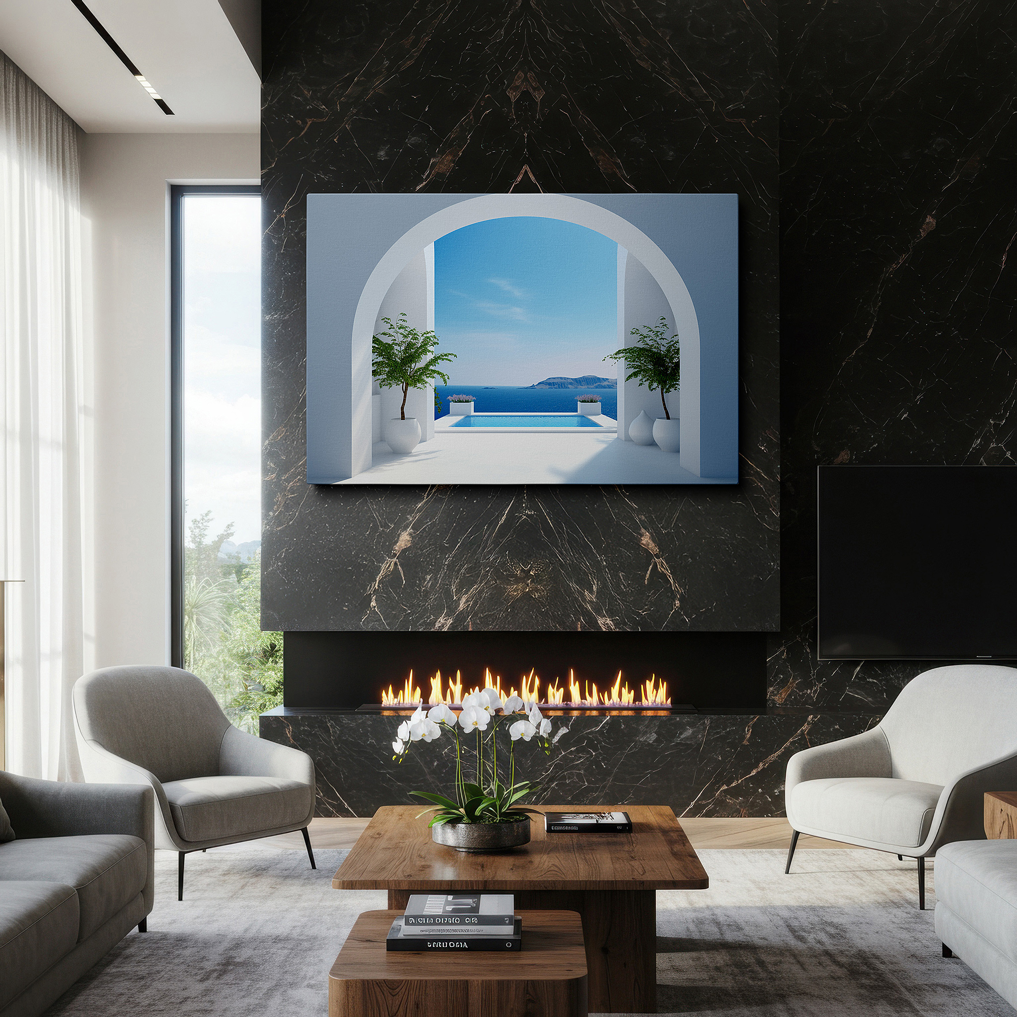 Featured in a dining room with dark wood furniture and candlelight — luxurious coastal retreat: blending human creativity with natural beauty - large wall art, canvas wall art, wall decor for offices and bedrooms