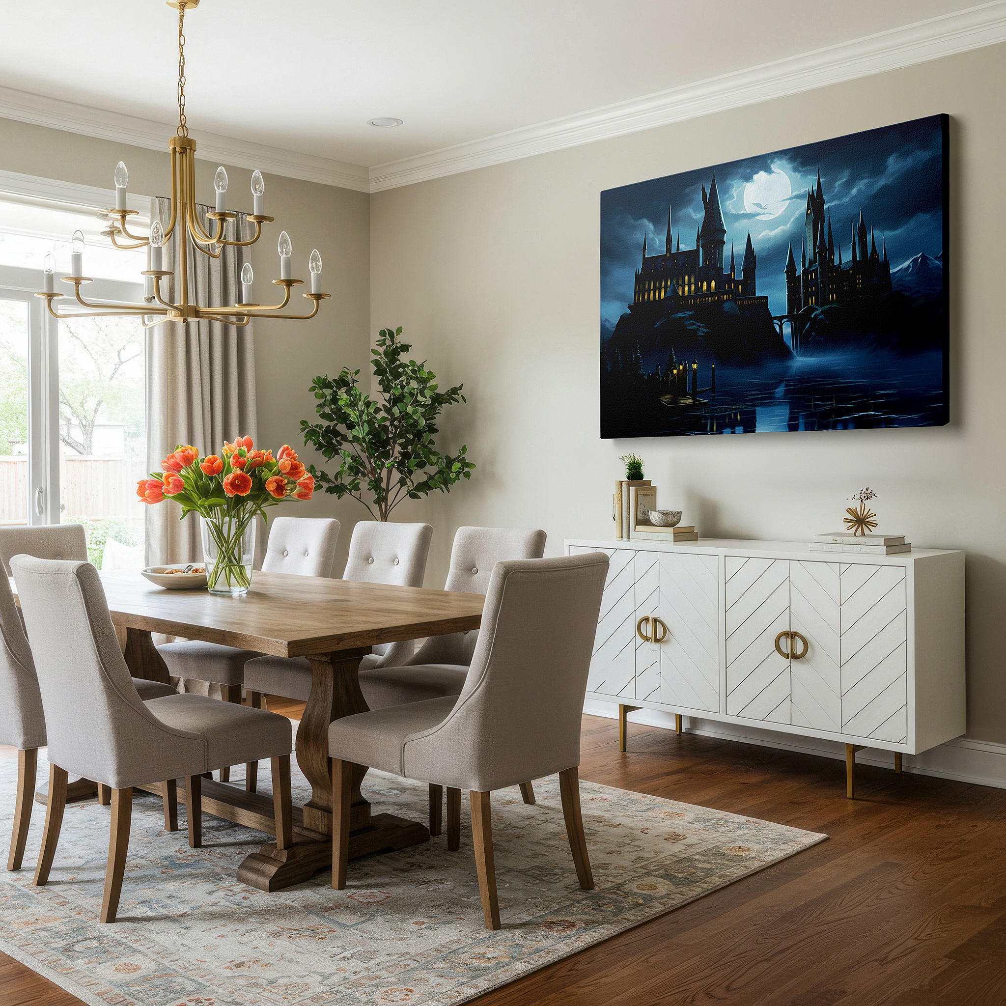 Featured in a dining room with dark wood furniture and candlelight — majestic castle beneath a moonlit sky: a portal to enchanted lands - large canvas wall art for office, bedroom, and living room decor