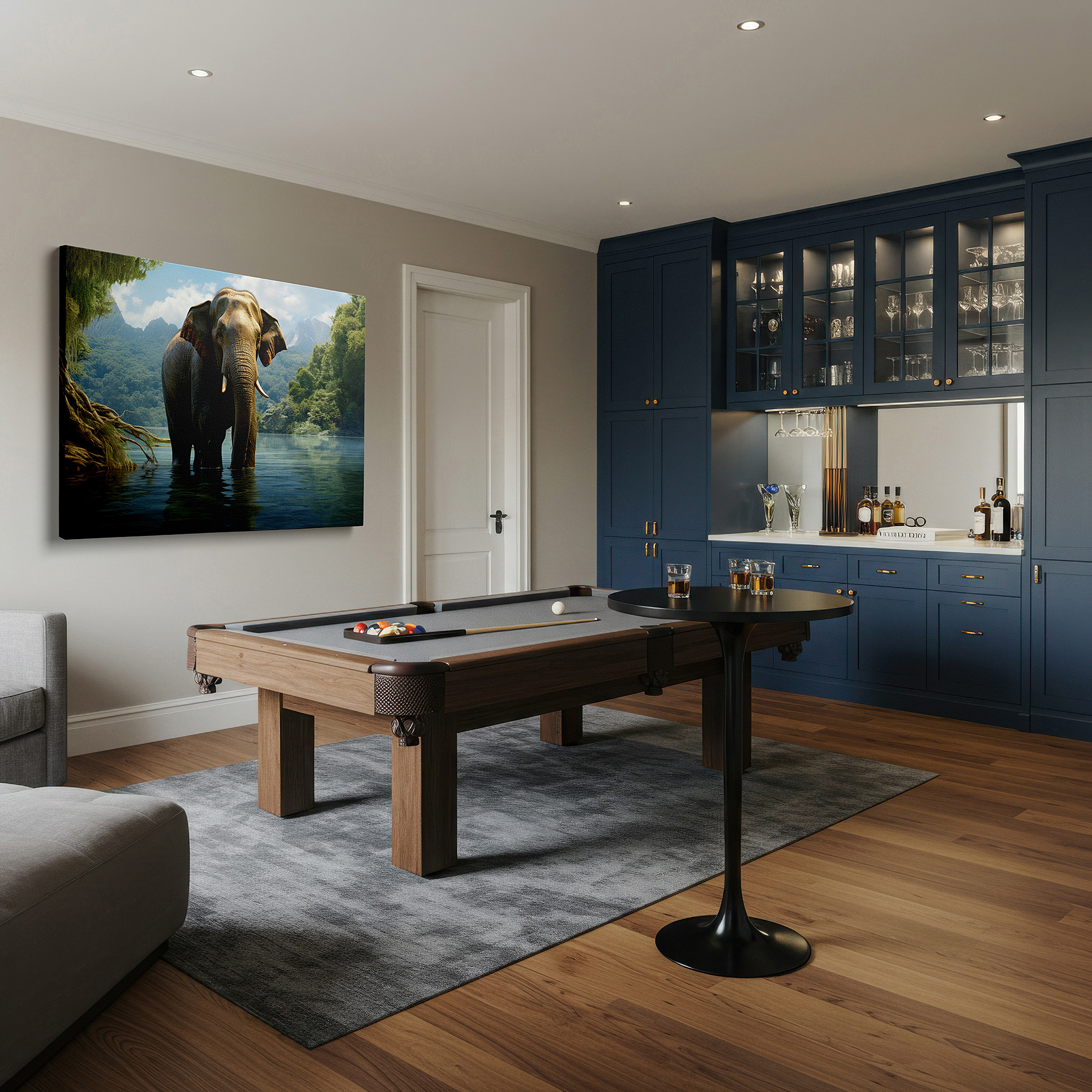 Featured in a dining room with dark wood furniture and candlelight — majestic elephant in shallow waters amidst lush greenery at dawn - large canvas wall art for office and bedroom decor