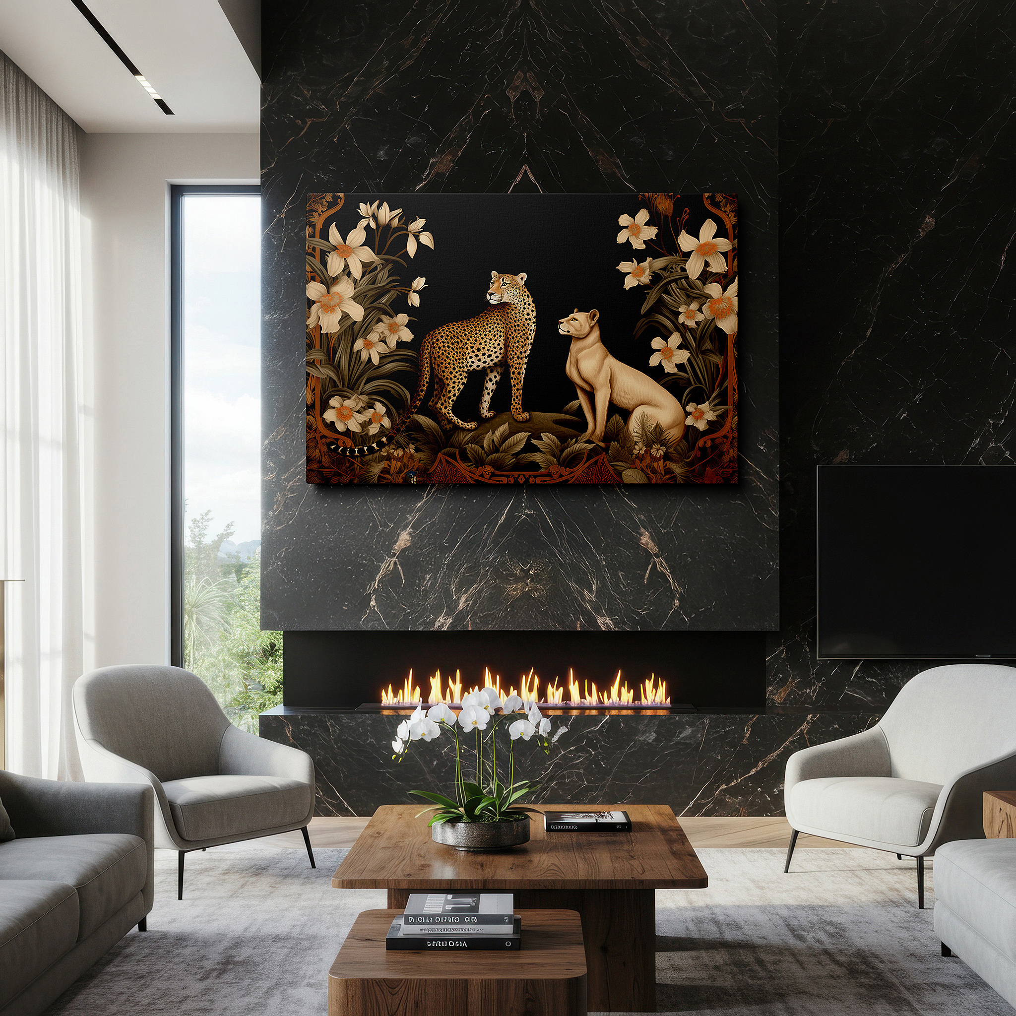 Featured in a dining room with dark wood furniture and candlelight — majestic leopard and lioness among vibrant florals - celebrating wildlife harmony and conservation, large canvas wall art decor