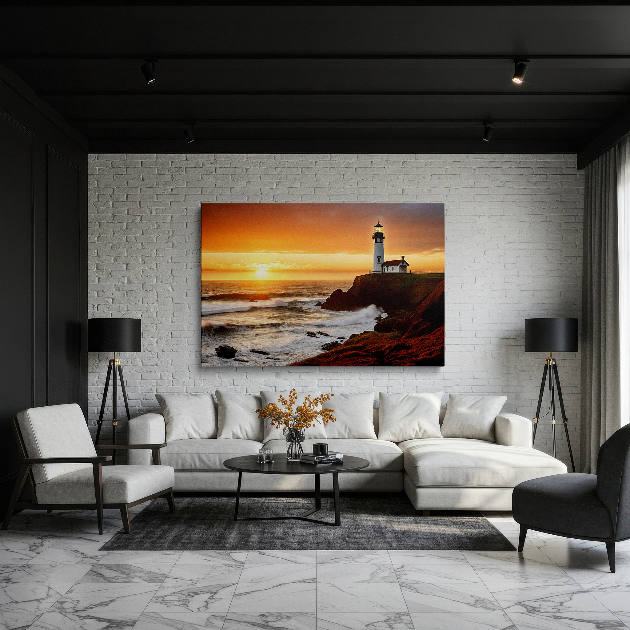 Featured in a dining room with dark wood furniture and candlelight — majestic lighthouse: a beacon of hope amidst nature's fury - stormy seas large wall art, canvas wall art, wall decor for office and bedroom