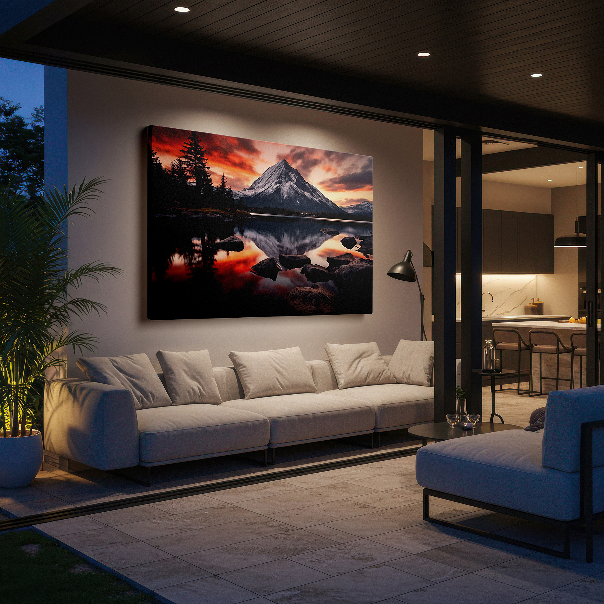 Featured in a dining room with dark wood furniture and candlelight — majestic mountain sunset and tranquil lake reflection large canvas wall art for office, bedroom, and living room decor