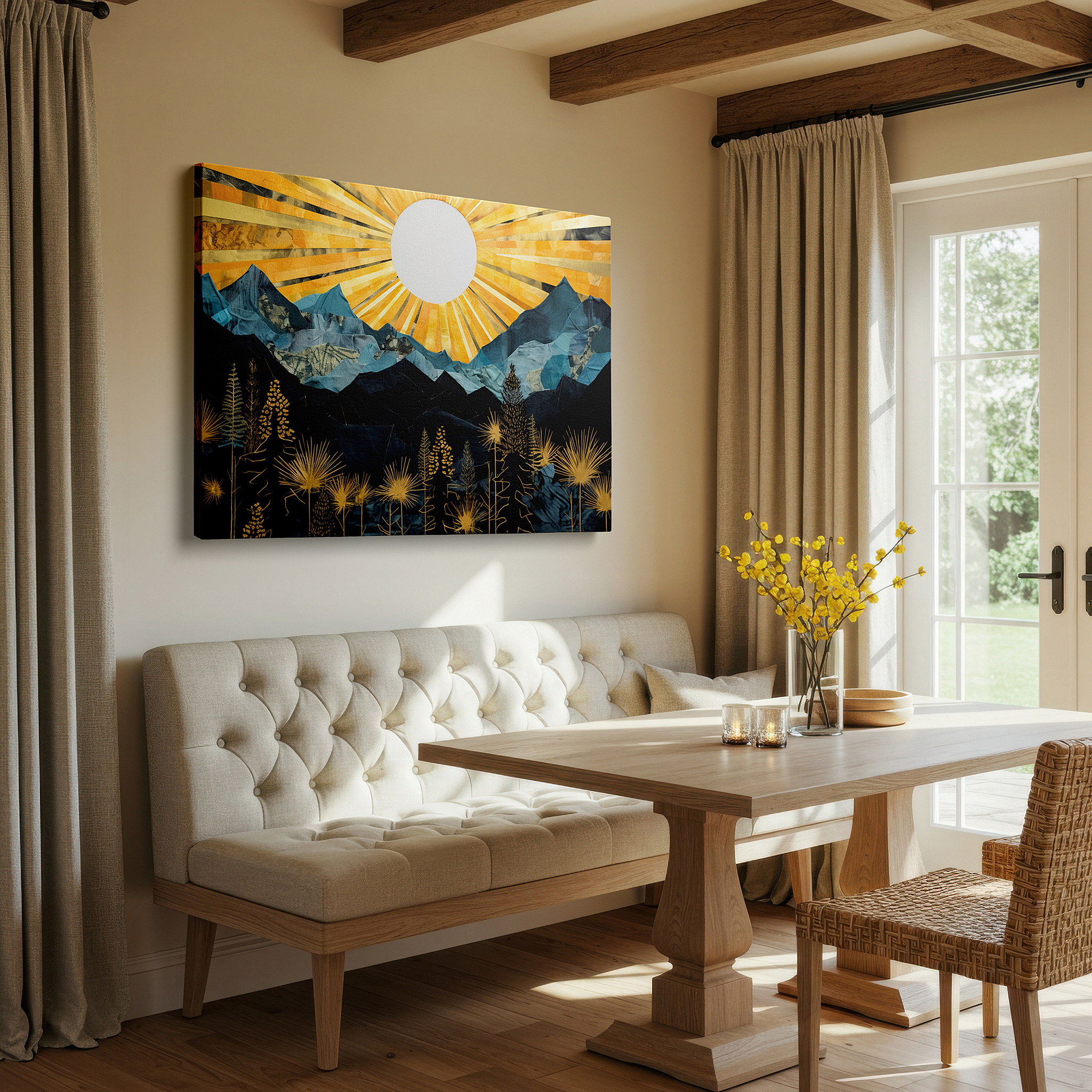 Featured in a dining room with dark wood furniture and candlelight — majestic mountains in deep blues and golden rays: large canvas wall art depicting nature's grandeur for office and bedroom decor