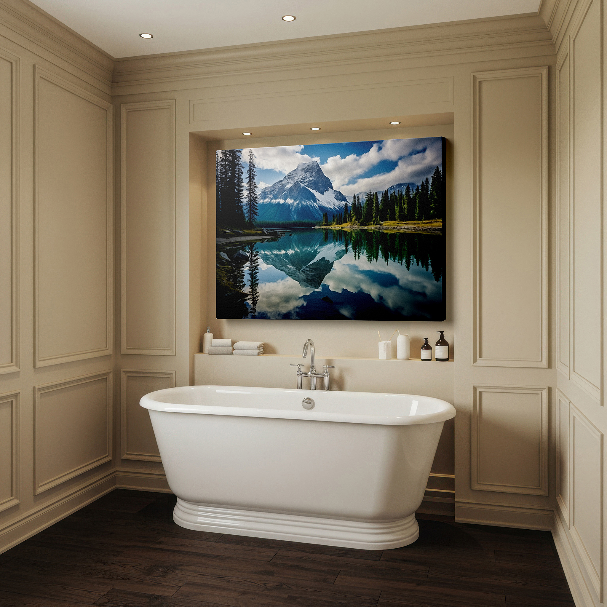 Featured in a dining room with dark wood furniture and candlelight — majestic mountains and serene lake reflections beneath captivating skies: large canvas wall art for office and bedroom decor