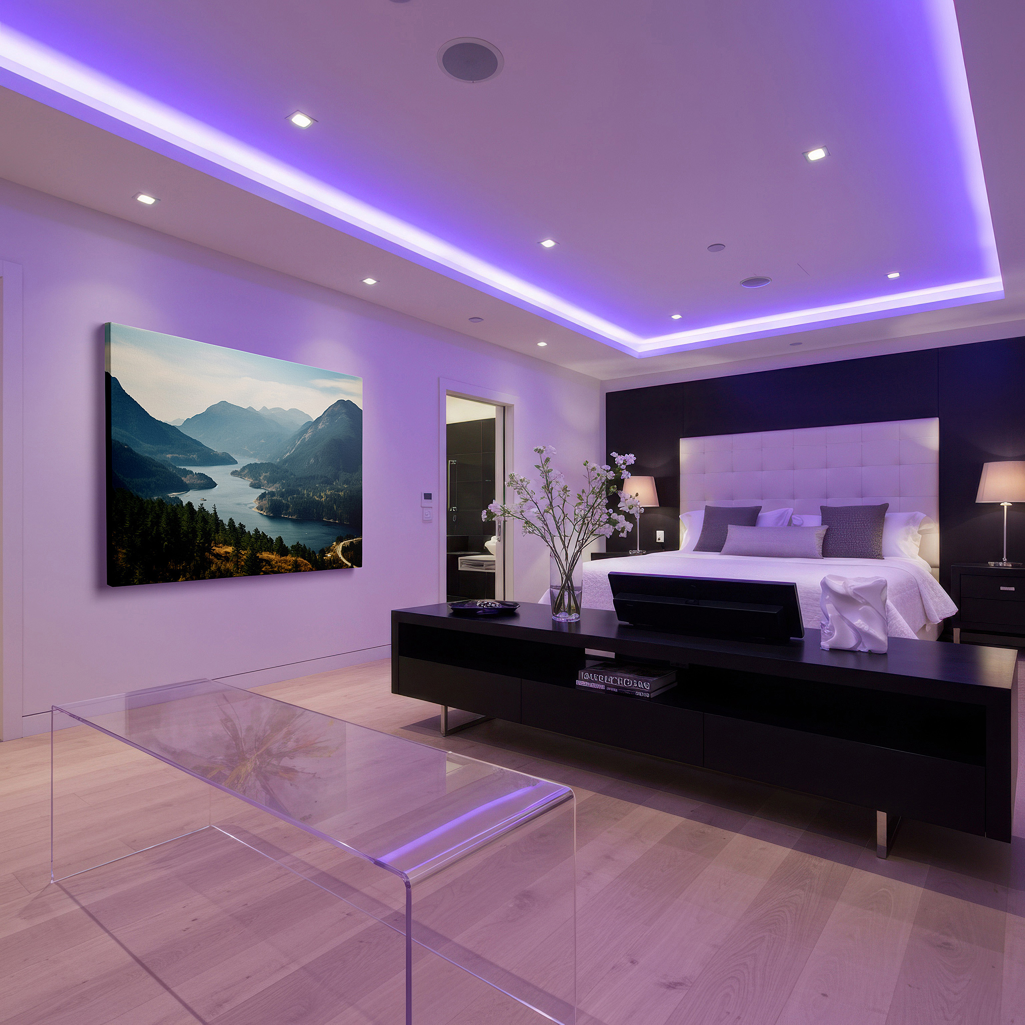Featured in a dining room with dark wood furniture and candlelight — majestic mountains and tranquil river - serene landscape of lasting beauty large wall art, canvas wall art, wall decor for office and bedroom