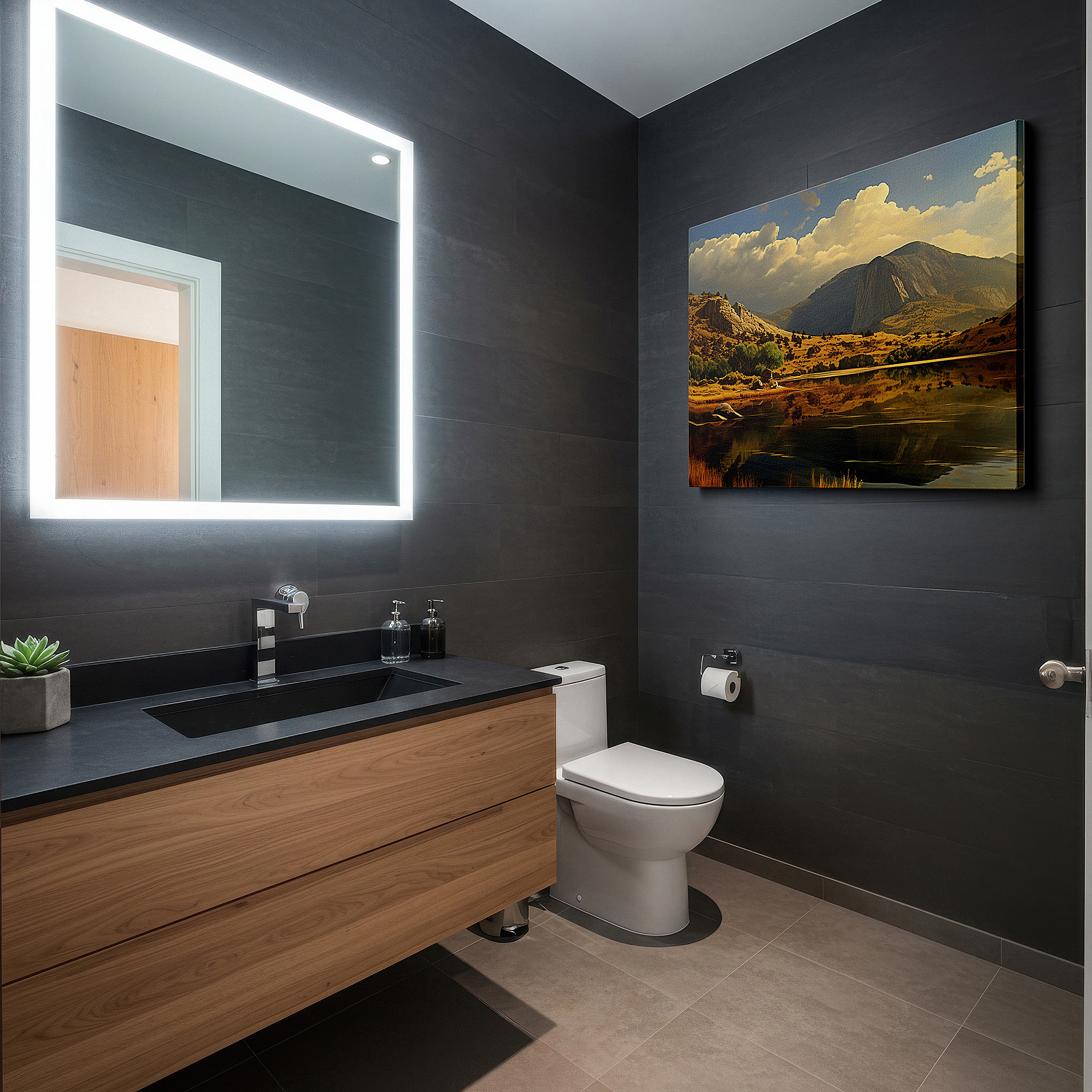 Featured in a dining room with dark wood furniture and candlelight — majestic mountains and tranquil waters: dramatic sky large canvas wall art for office, bedroom, and living room decor