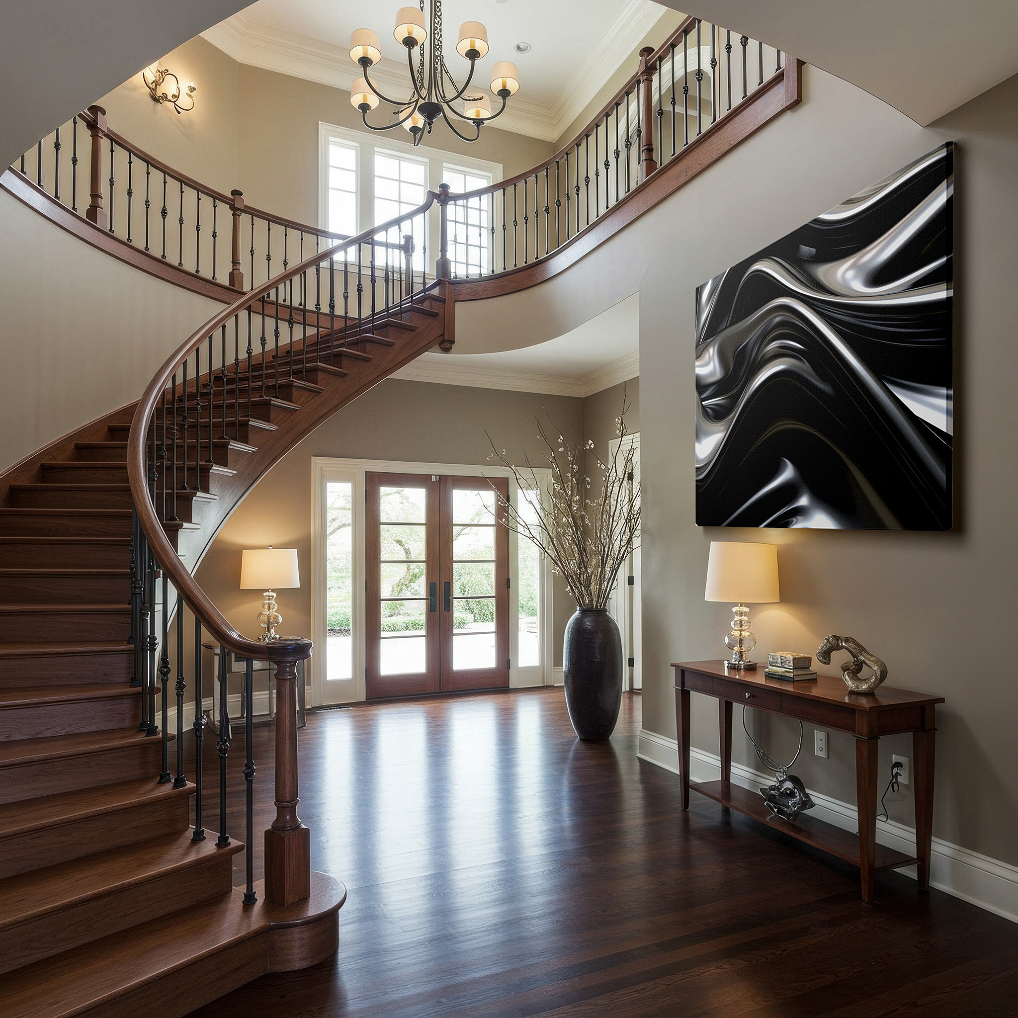 Featured in a dining room with dark wood furniture and candlelight — monochrome sleek metallic textures: a symphony of light and shadow - large wall art, canvas wall art, wall decor for office and bedroom