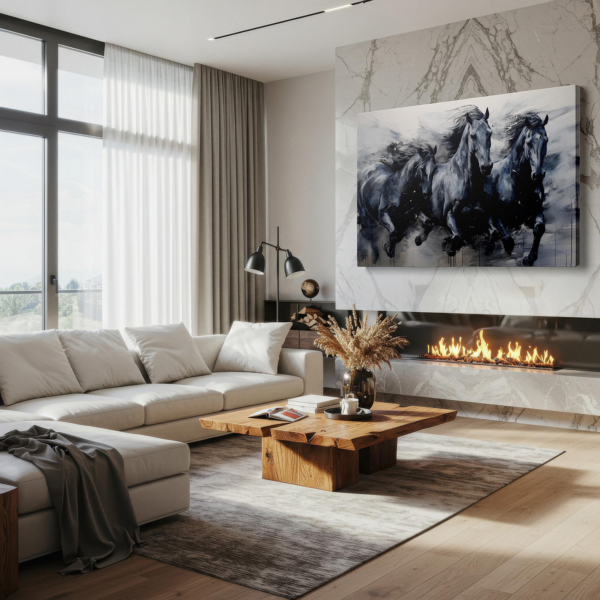 Featured in a dining room with dark wood furniture and candlelight — monochrome thunder - a dynamic symphony of speed and unity large wall art, canvas wall art, wall decor for office and bedroom