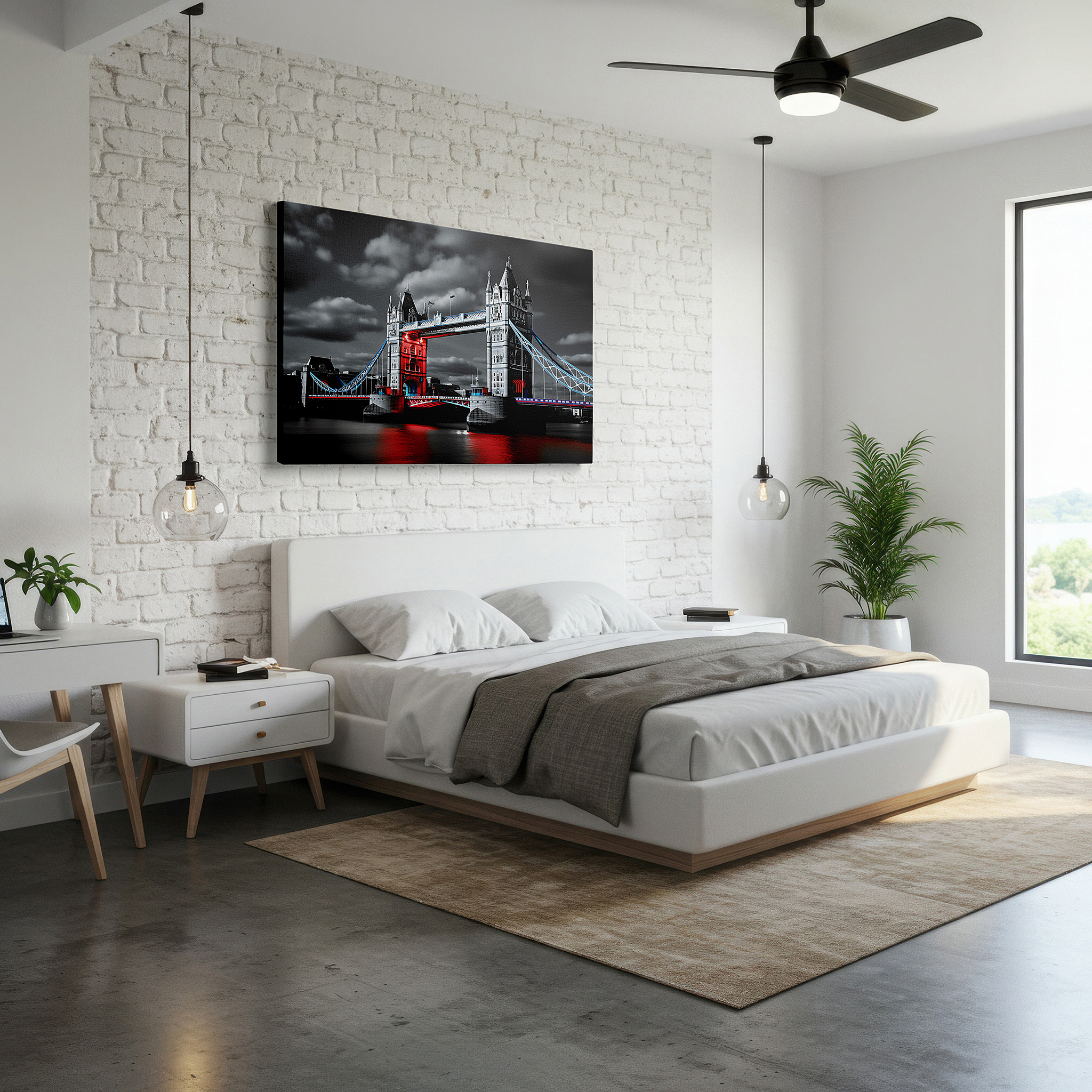 Featured in a dining room with dark wood furniture and candlelight — monochrome tower bridge with red accents - blending historical charm and contemporary style, large canvas wall art for office decor