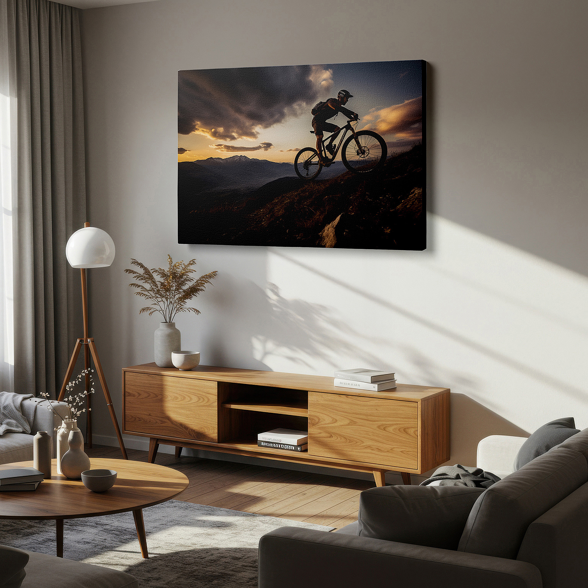 Featured in a dining room with dark wood furniture and candlelight — mountain biker against sunset glow: celebrating outdoor thrills and challenges - large canvas wall art for home and office decor