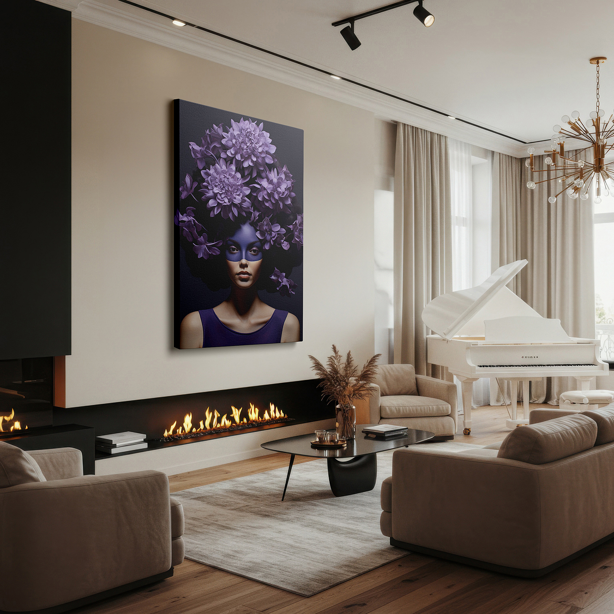 Featured in a dining room with dark wood furniture and candlelight — mysterious portrait of a woman in a mask surrounded by purple flowers, exploring identity and mystery - large wall art, canvas print, home and office decor