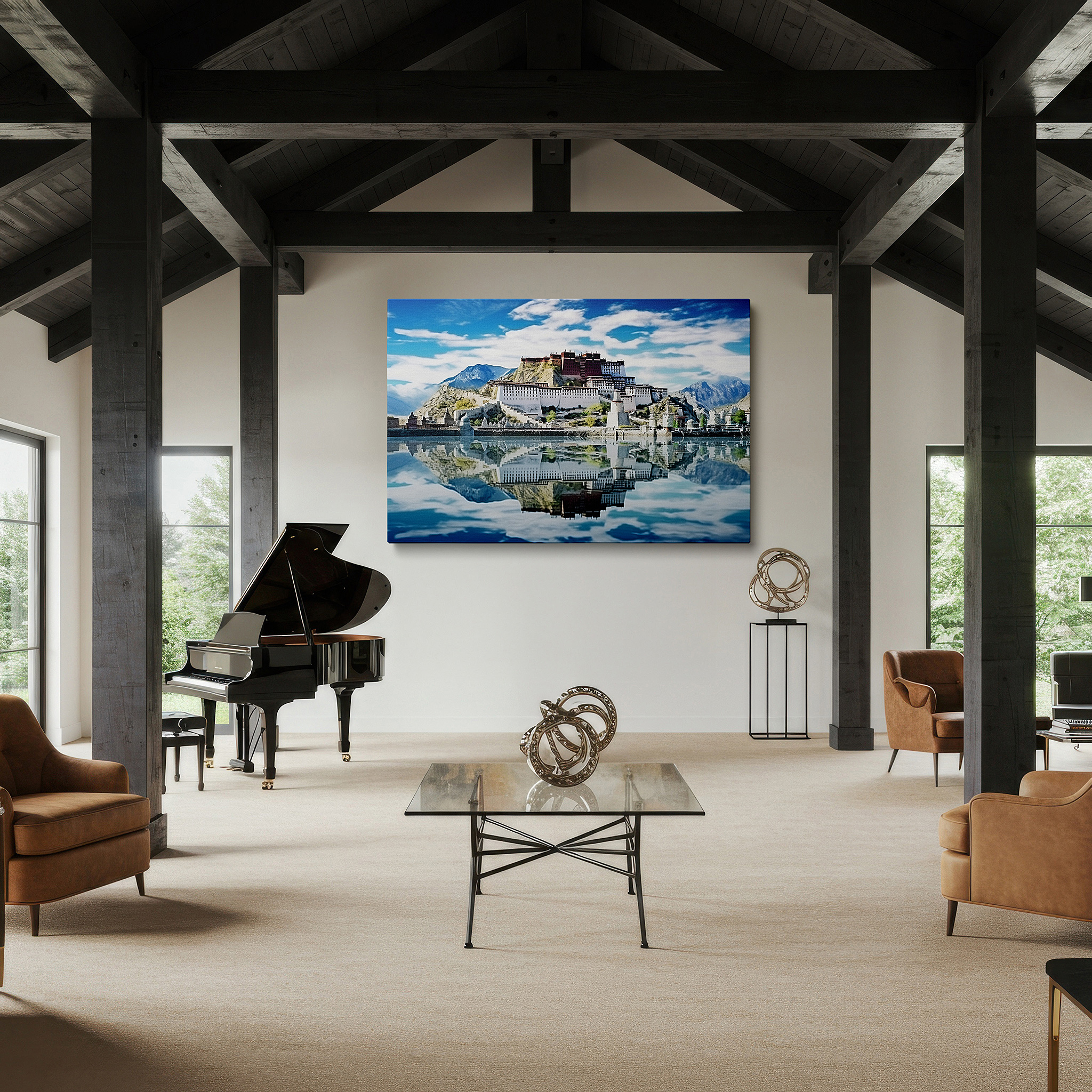 Featured in a dining room with dark wood furniture and candlelight — potala palace majestic view with blue skies and reflective tibetan waters - large canvas wall art for office and bedroom decor