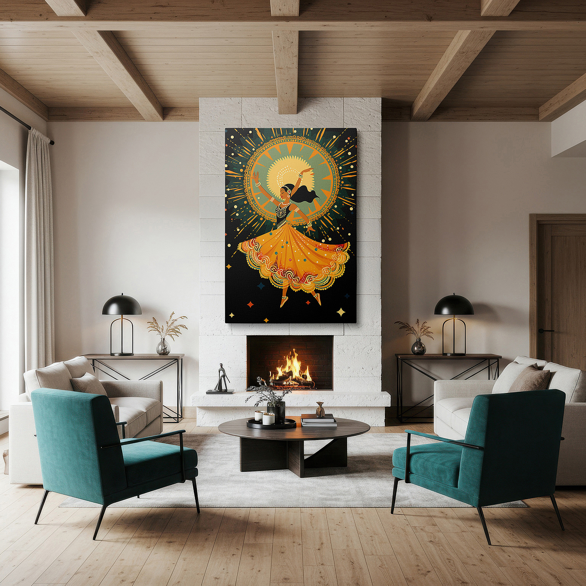 Featured in a dining room with dark wood furniture and candlelight — radiant yellow dress dancer wall art: celebrating festivity and cultural vibrance - perfect for office, bedroom, and home decor, available in large canvas prints