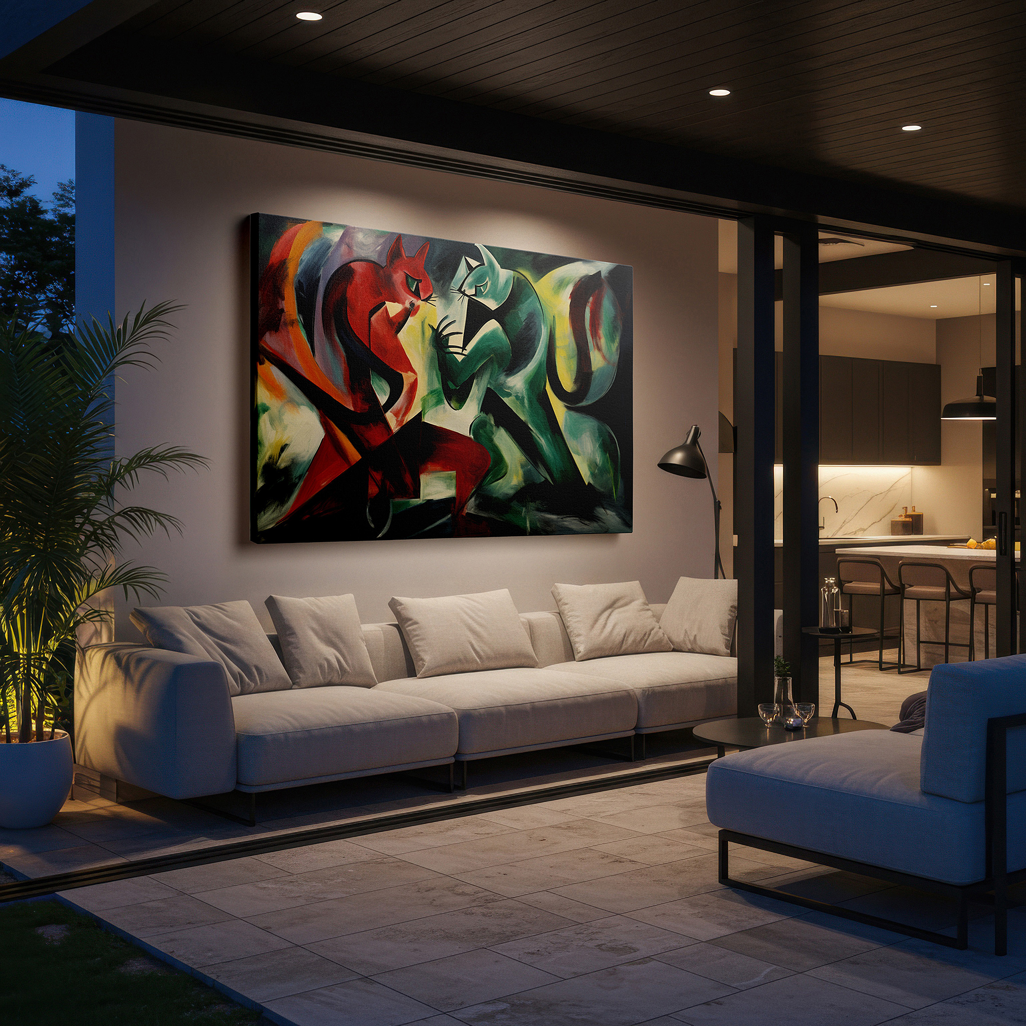 Featured in a dining room with dark wood furniture and candlelight — red and green feline fury - vibrant abstract confrontation large wall art, canvas wall art, wall decor for office, bedroom, and living room