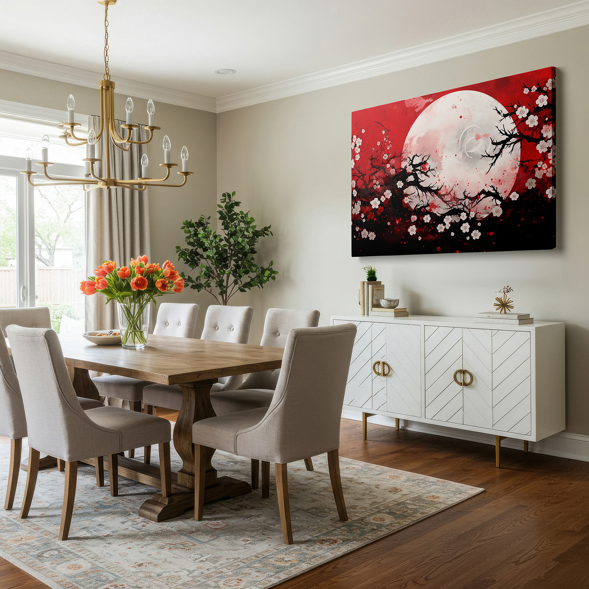 Featured in a dining room with dark wood furniture and candlelight — red landscape with glowing moon and cherry blossoms - a captivating mix of passion and peace large wall art, canvas wall art, wall art