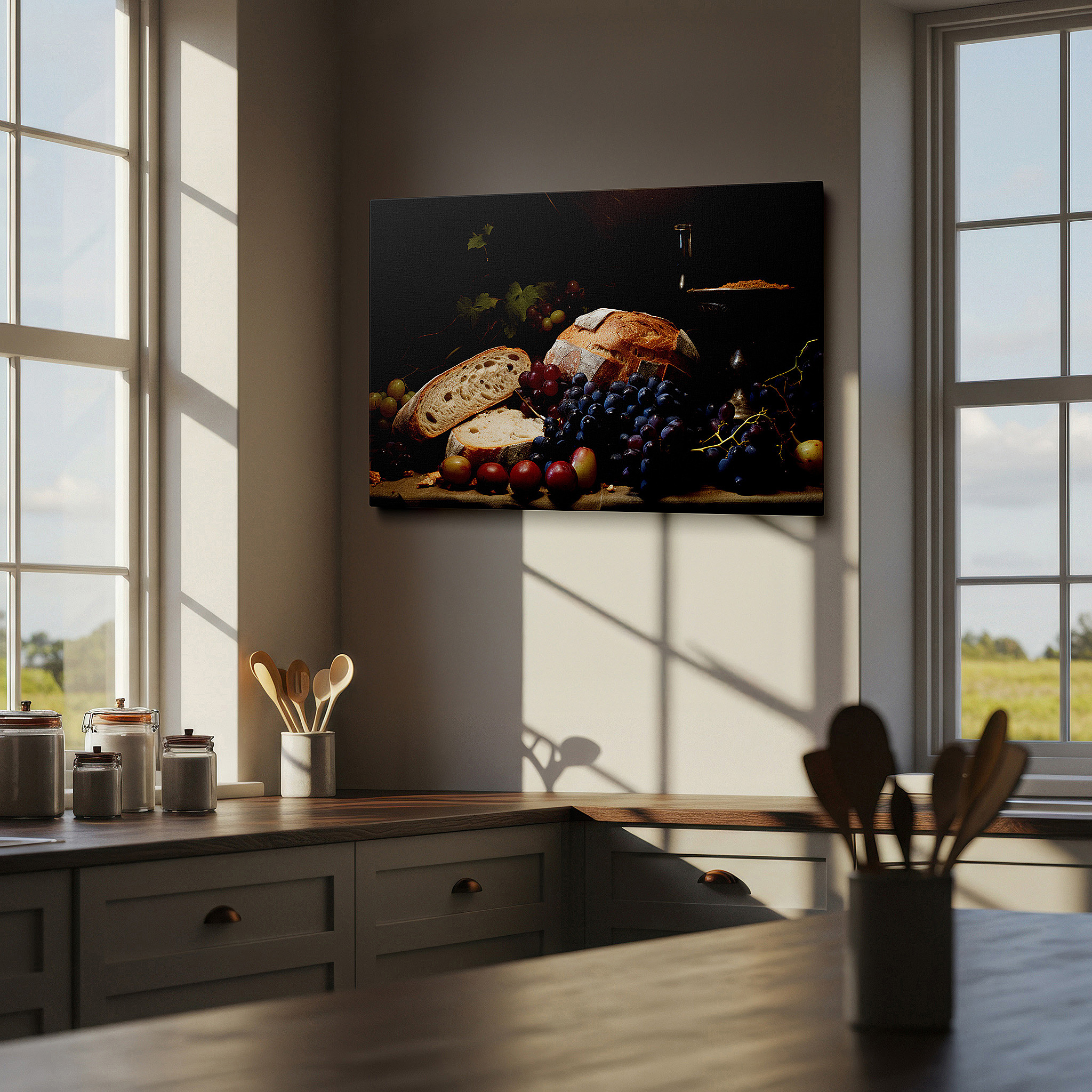 Featured in a dining room with dark wood furniture and candlelight — rustic culinary wall art featuring fresh bread, vibrant grapes, and wine, symbolizing warmth and abundance - large canvas wall art for home and office decor