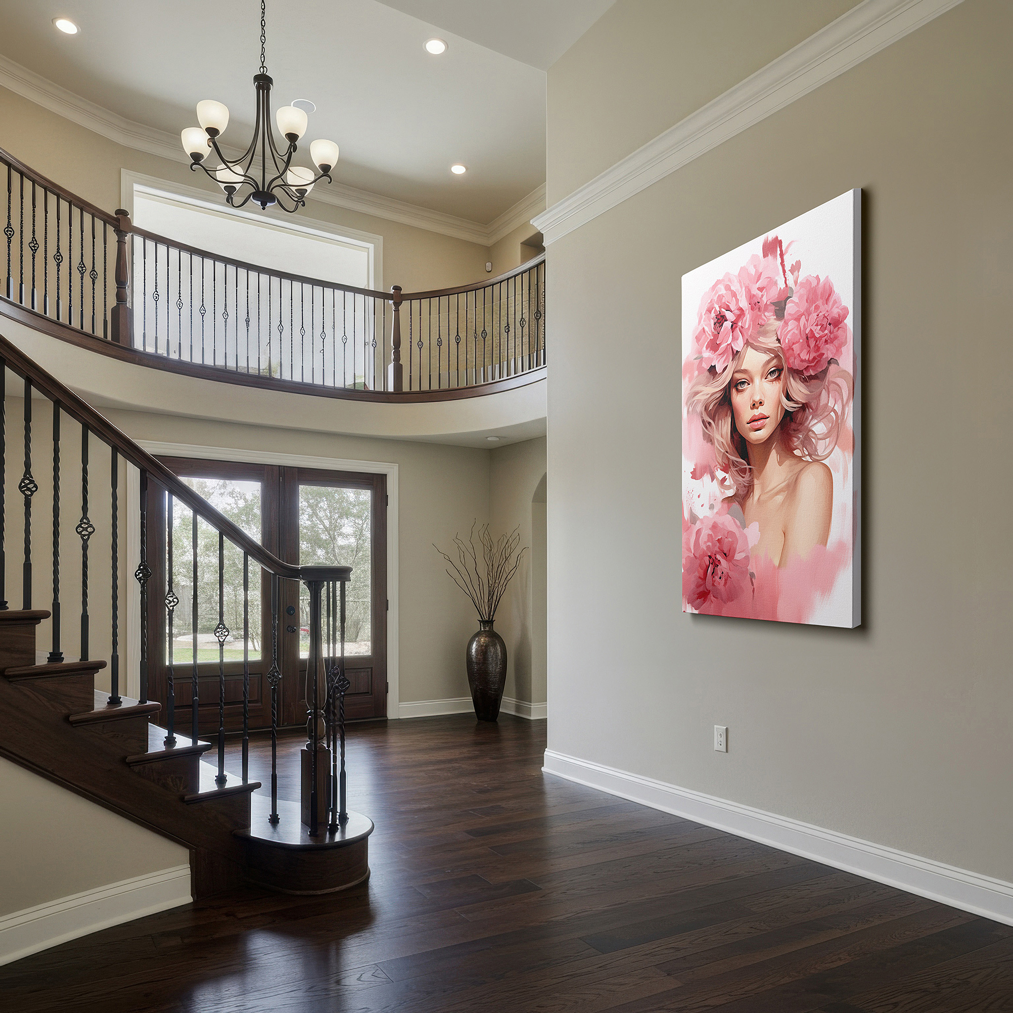 Featured in a dining room with dark wood furniture and candlelight — serene beauty amidst a cascade of soft pink flowers large wall art, canvas wall art, wall art decor, office wall art, bedroom wall art, living room wall art