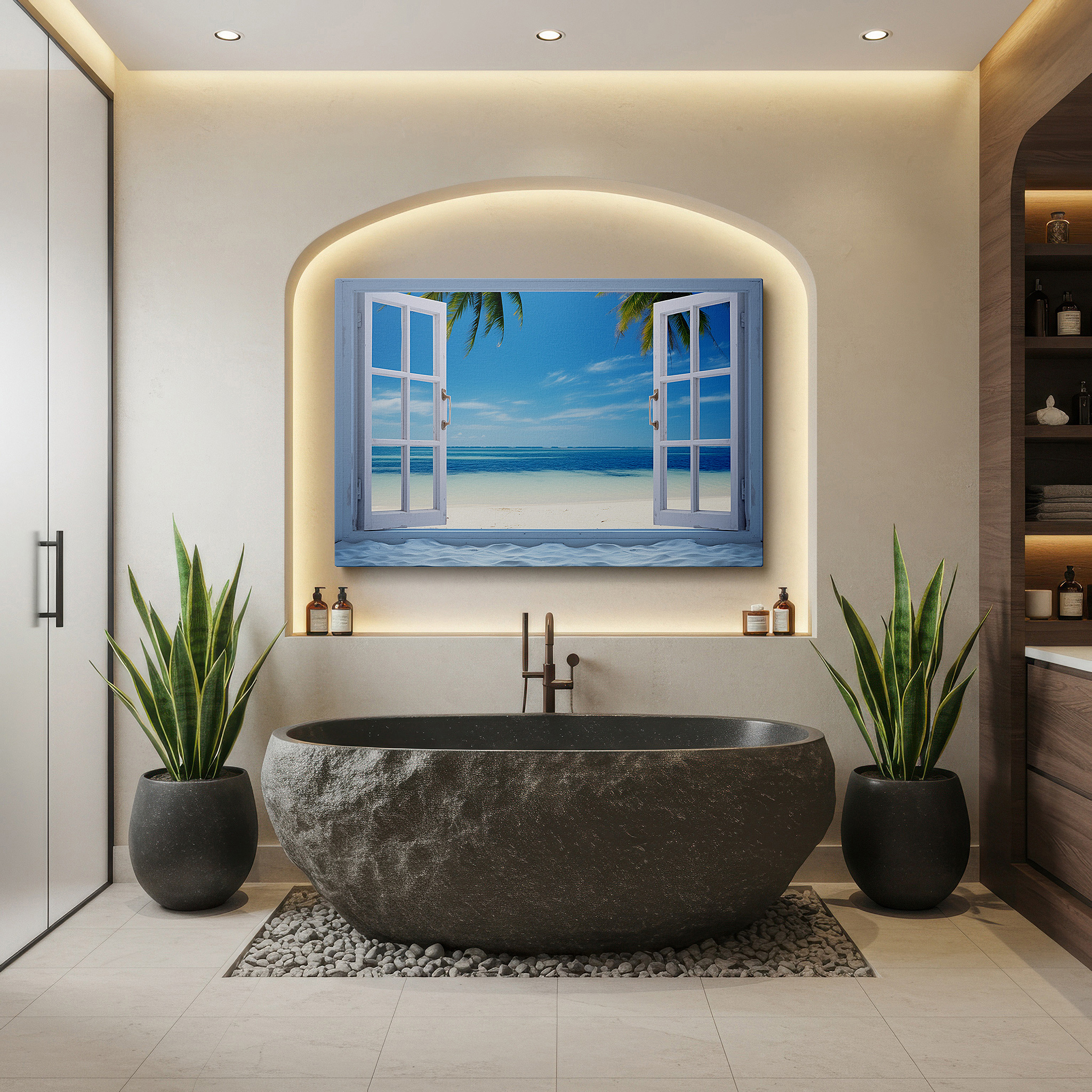 Featured in a dining room with dark wood furniture and candlelight — serene coastal getaway via open white windows large wall art, canvas wall art, wall decor, office wall art, bedroom wall art, living room wall art