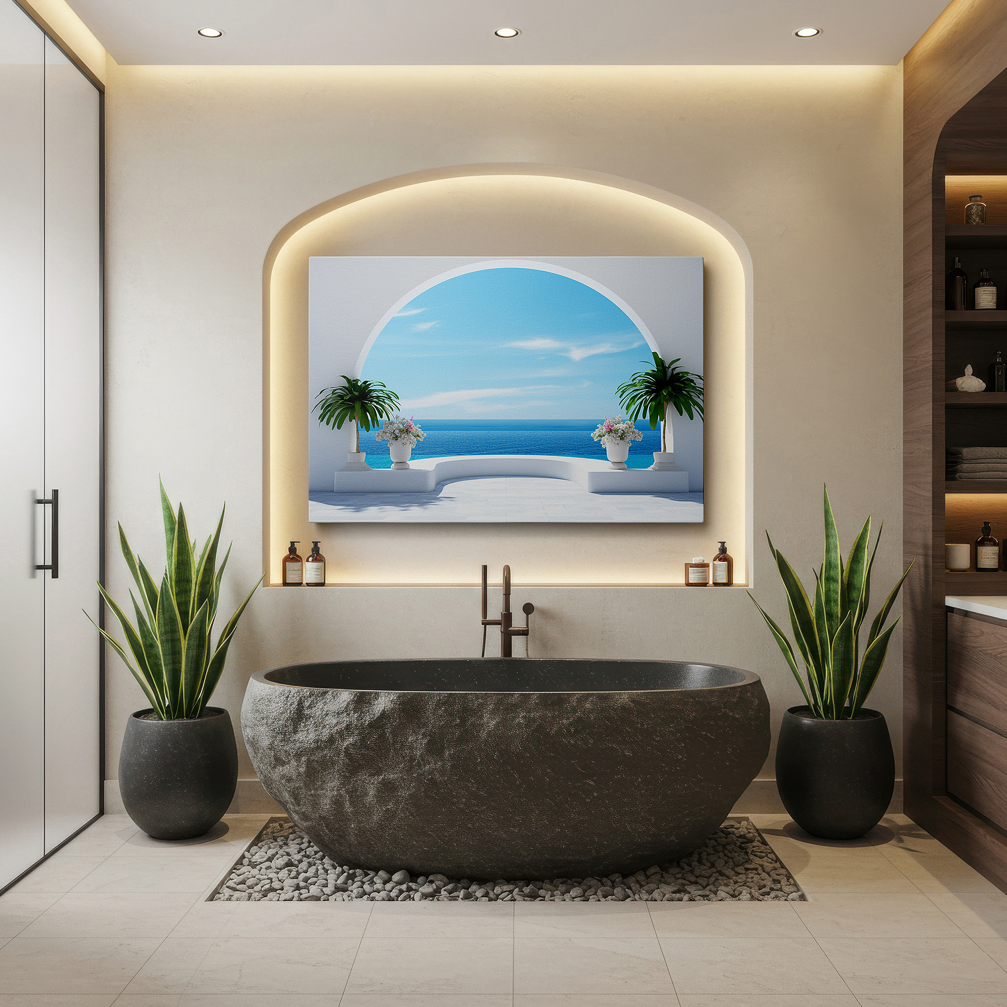 Featured in a dining room with dark wood furniture and candlelight — serene coastal scene through a minimalist archway, tranquil escape large wall art, canvas wall decor for office and bedroom