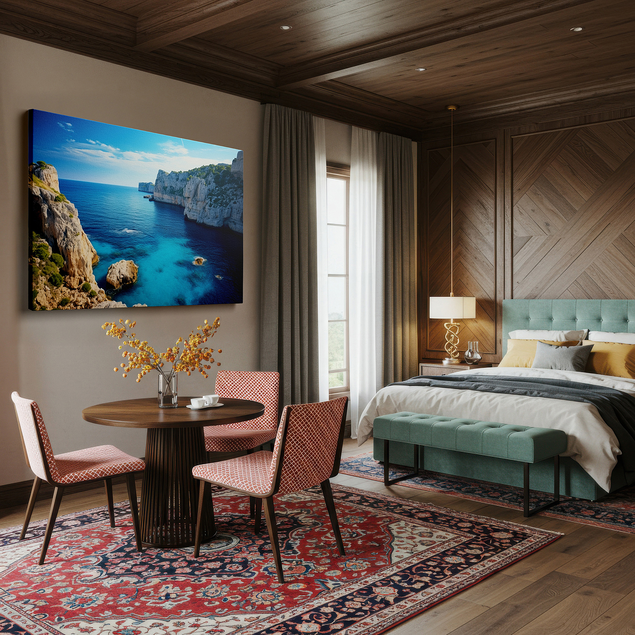 Featured in a dining room with dark wood furniture and candlelight — serene coastal scene with vibrant blue sky and turquoise waters against rugged cliffs, large canvas wall art for home and office decor