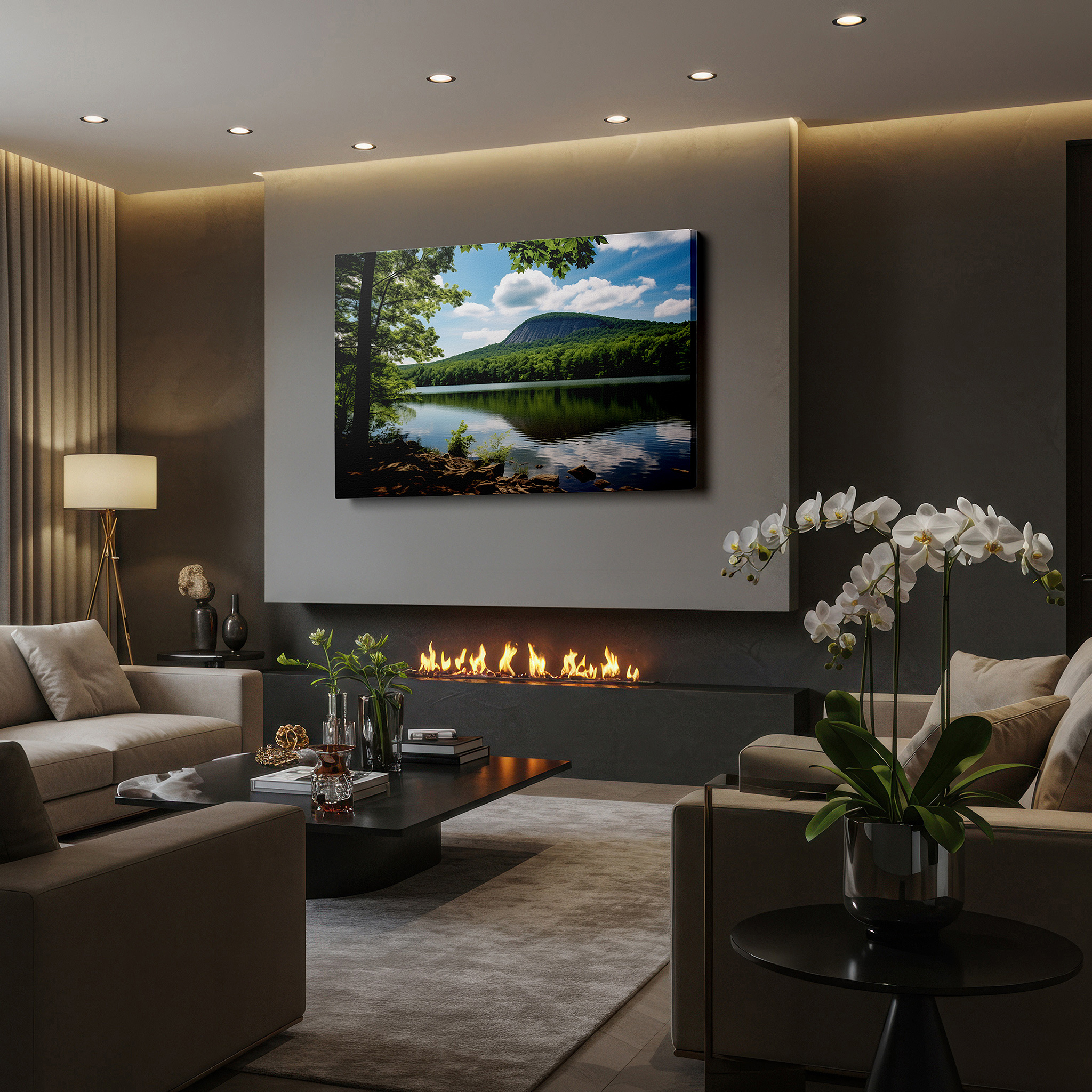 Featured in a dining room with dark wood furniture and candlelight — serene lakeside landscape with majestic mountain reflections and lush forests large wall art, canvas wall art, wall decor for office and bedroom