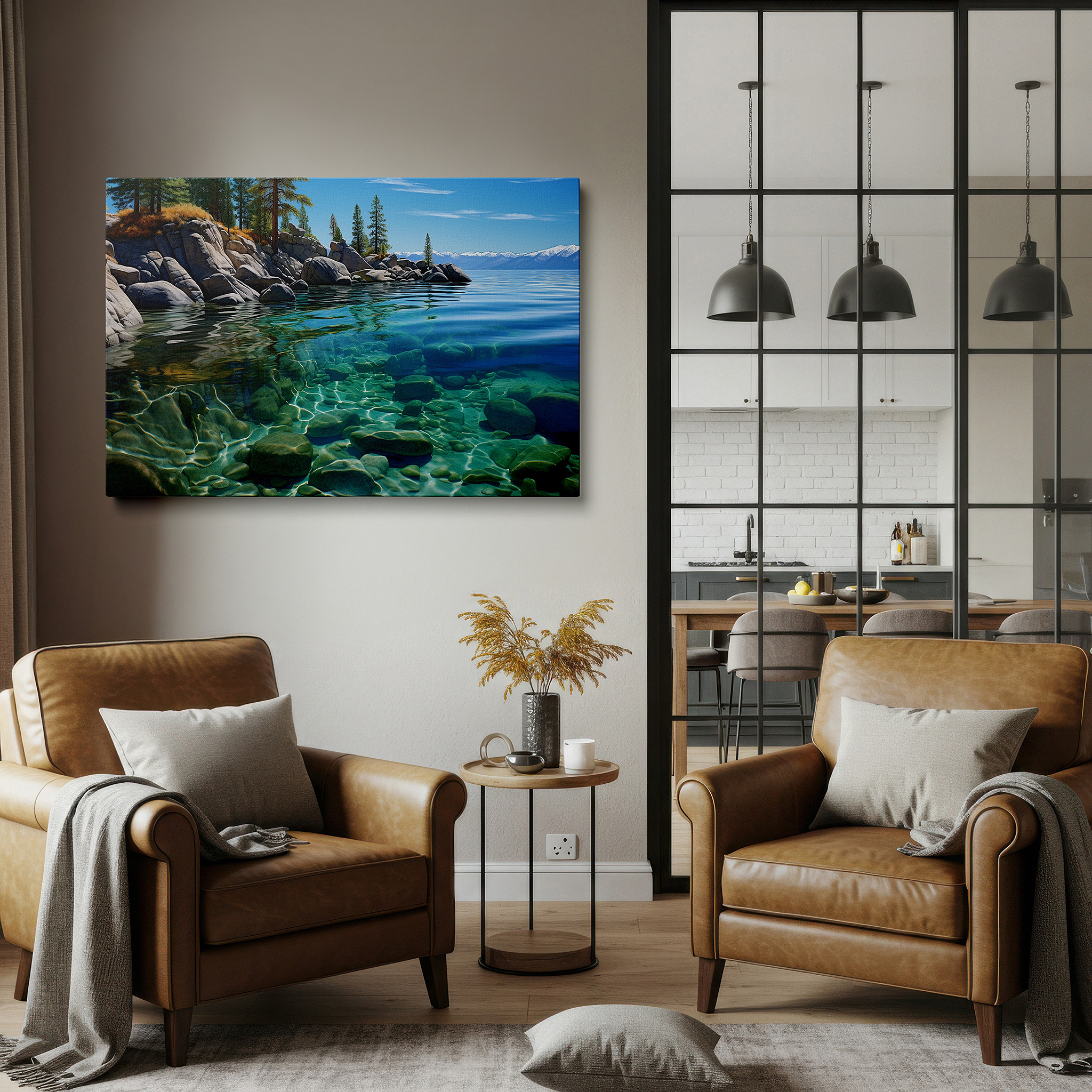 Featured in a dining room with dark wood furniture and candlelight — serene lakeside reflections with lush pines and rocky shores under a vibrant summer sky - large canvas wall art for office decor