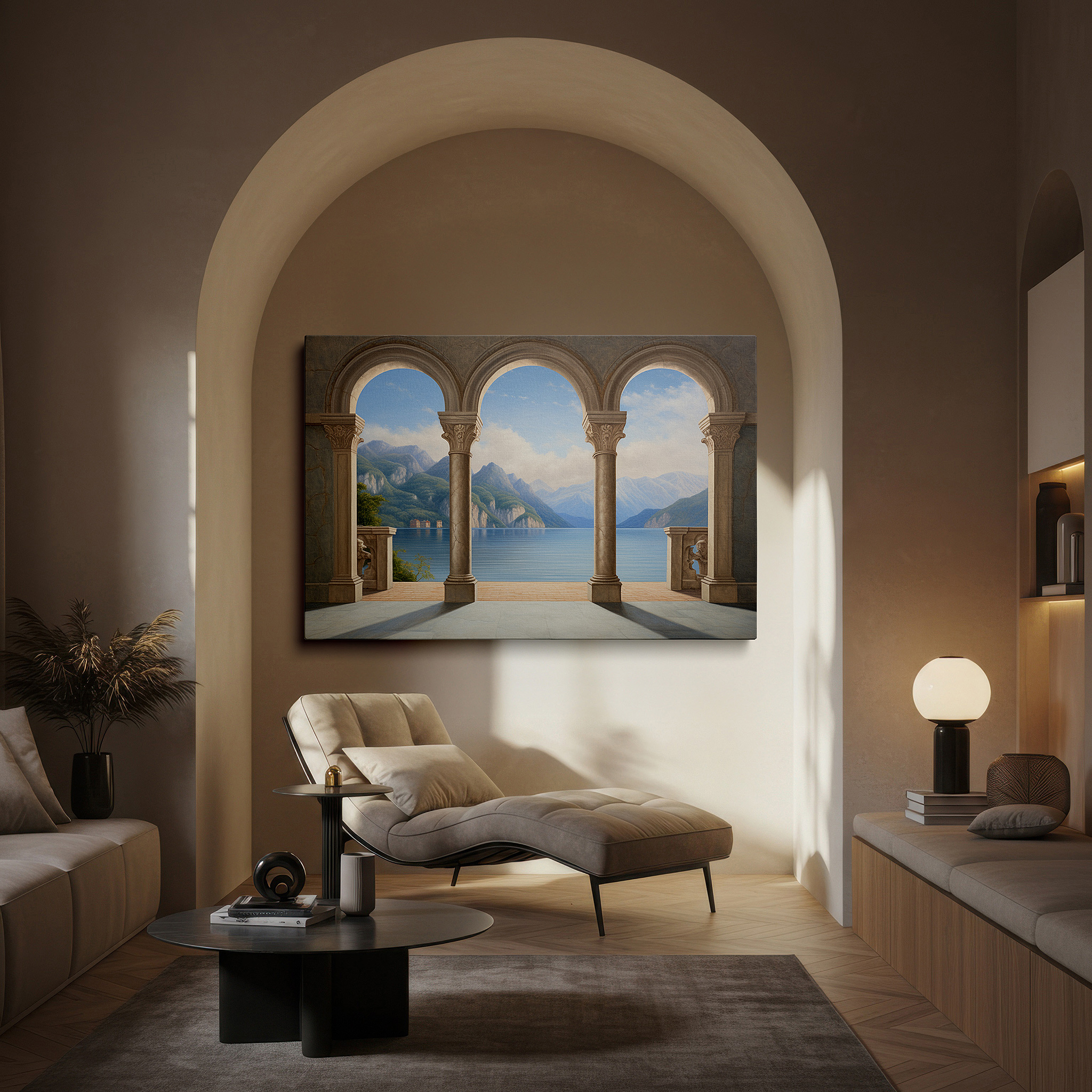 Featured in a dining room with dark wood furniture and candlelight — serene mountain lake and lush valleys view through arched windows, tranquil landscape large wall art, canvas wall decor for office