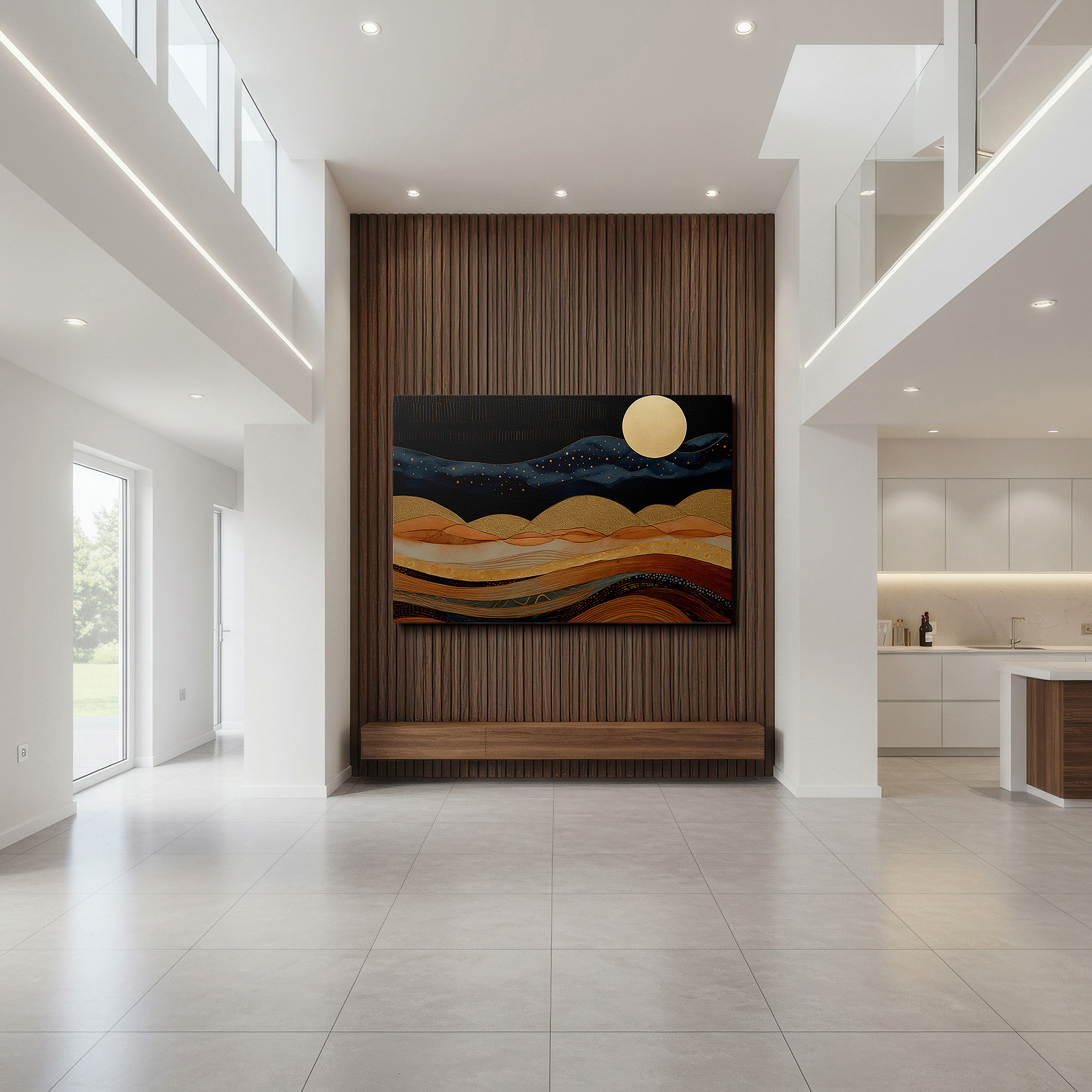 Featured in a dining room with dark wood furniture and candlelight — serene mountain vista with golden moon, peaceful haven in gentle pastels, large canvas wall art for home and office decor