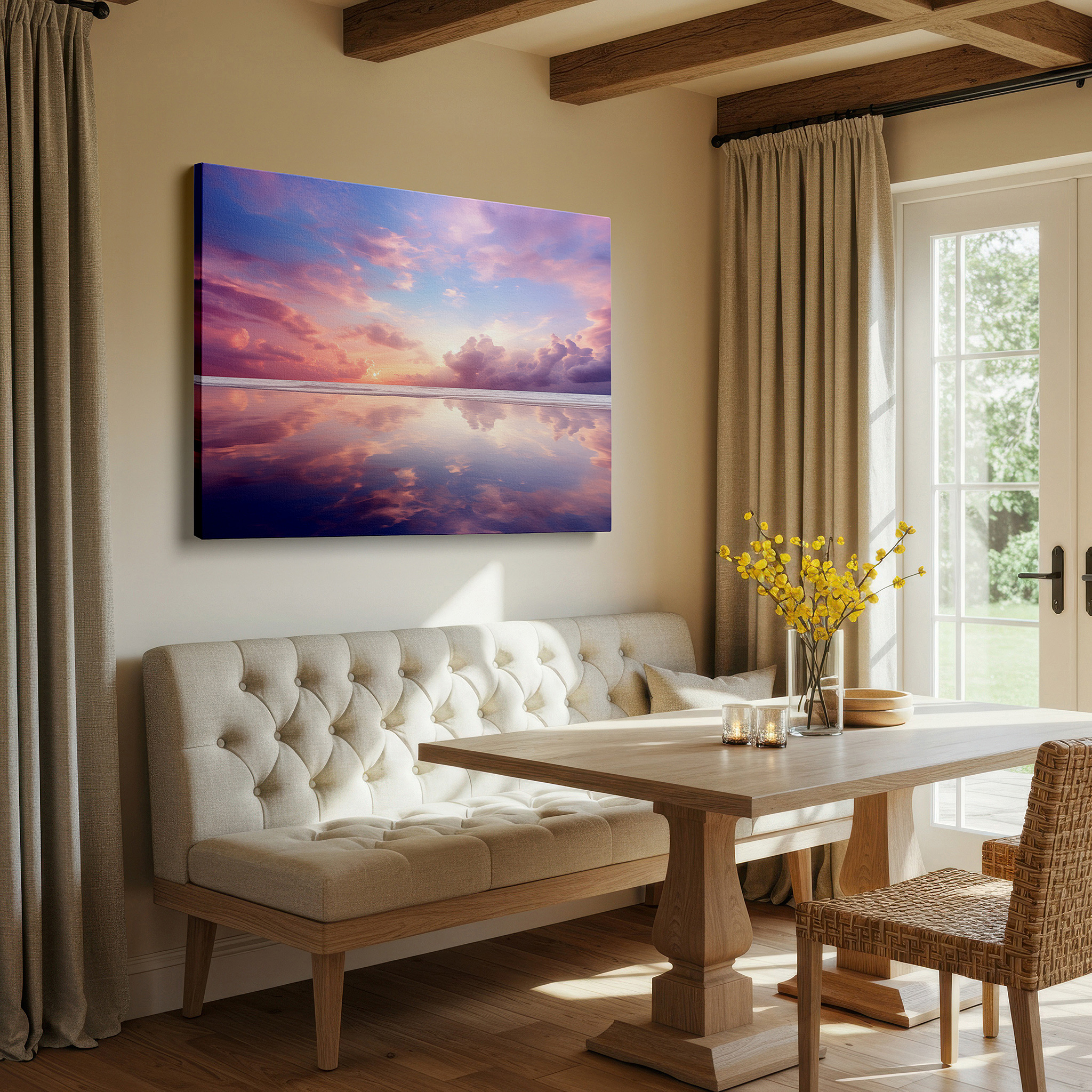 Featured in a dining room with dark wood furniture and candlelight — serene ocean at sunset: a gateway to tranquility - large canvas wall art for home and office decor