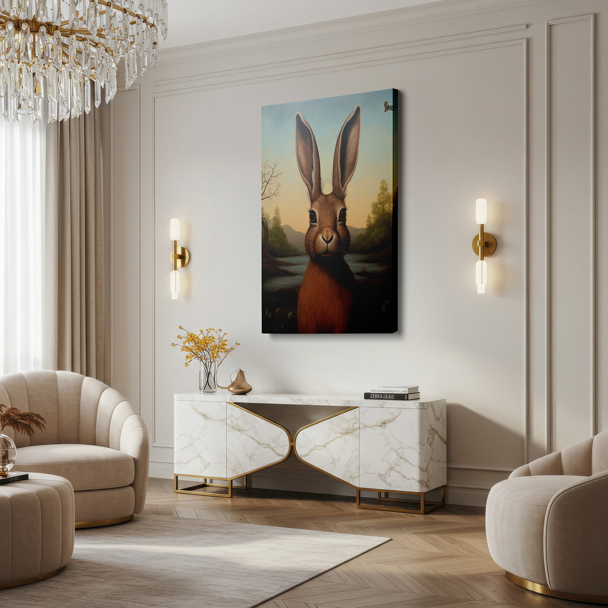 Featured in a dining room with dark wood furniture and candlelight — serene riverside rabbit: large canvas wall art featuring nature and wildlife, perfect for office decor
