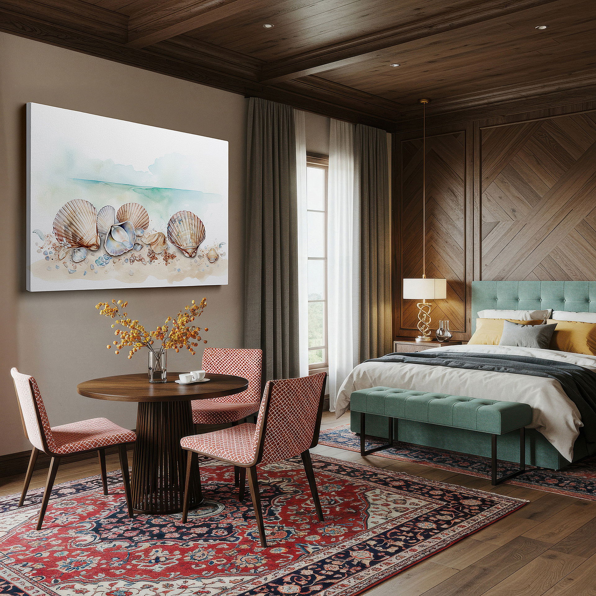 Featured in a dining room with dark wood furniture and candlelight — serene seashells on sandy beach - tranquil watercolor masterpiece large wall art, canvas wall art, wall decor for office and bedroom